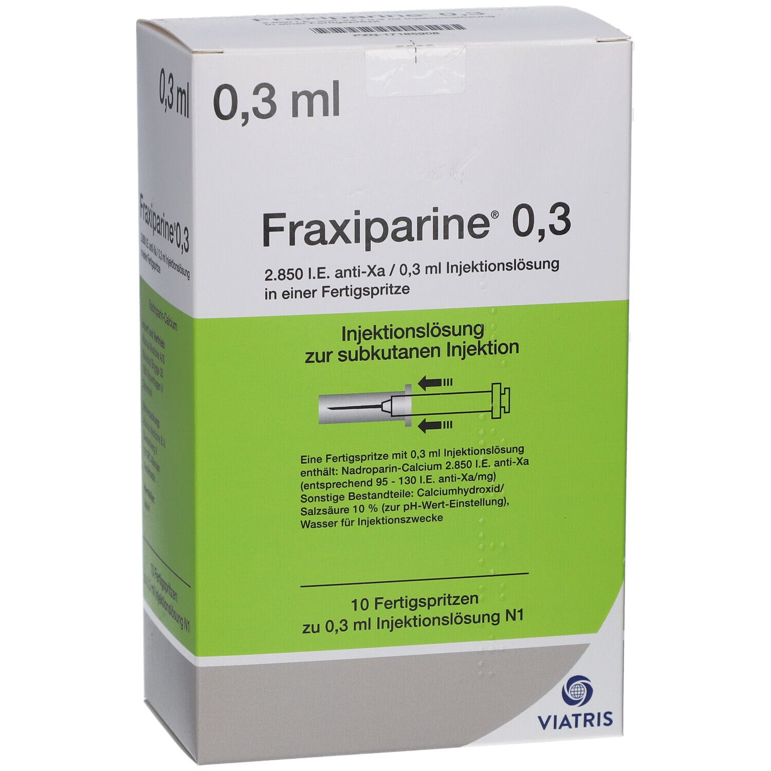 Fraxiparine 0,3 ml Injektionslösung Verpackung. Box mit Produktnamen, Dosierung und Herstellerlogo.