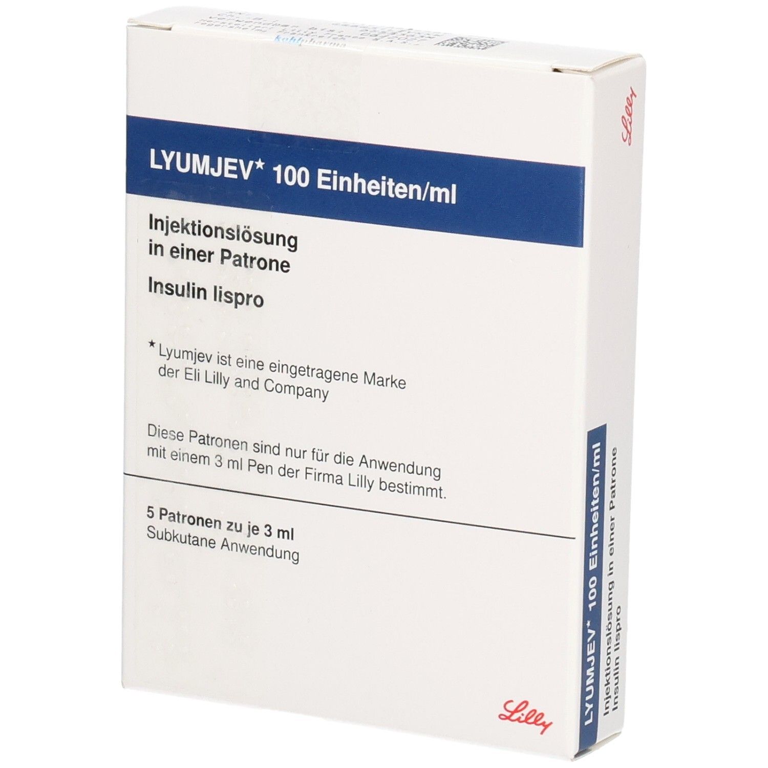 Weiße Verpackung mit blauer Schrift. Aufschrift: LYUMJEV 100 Einheiten/ml, Injektionslösung, Insulin lispro. Enthält 5 Patronen.