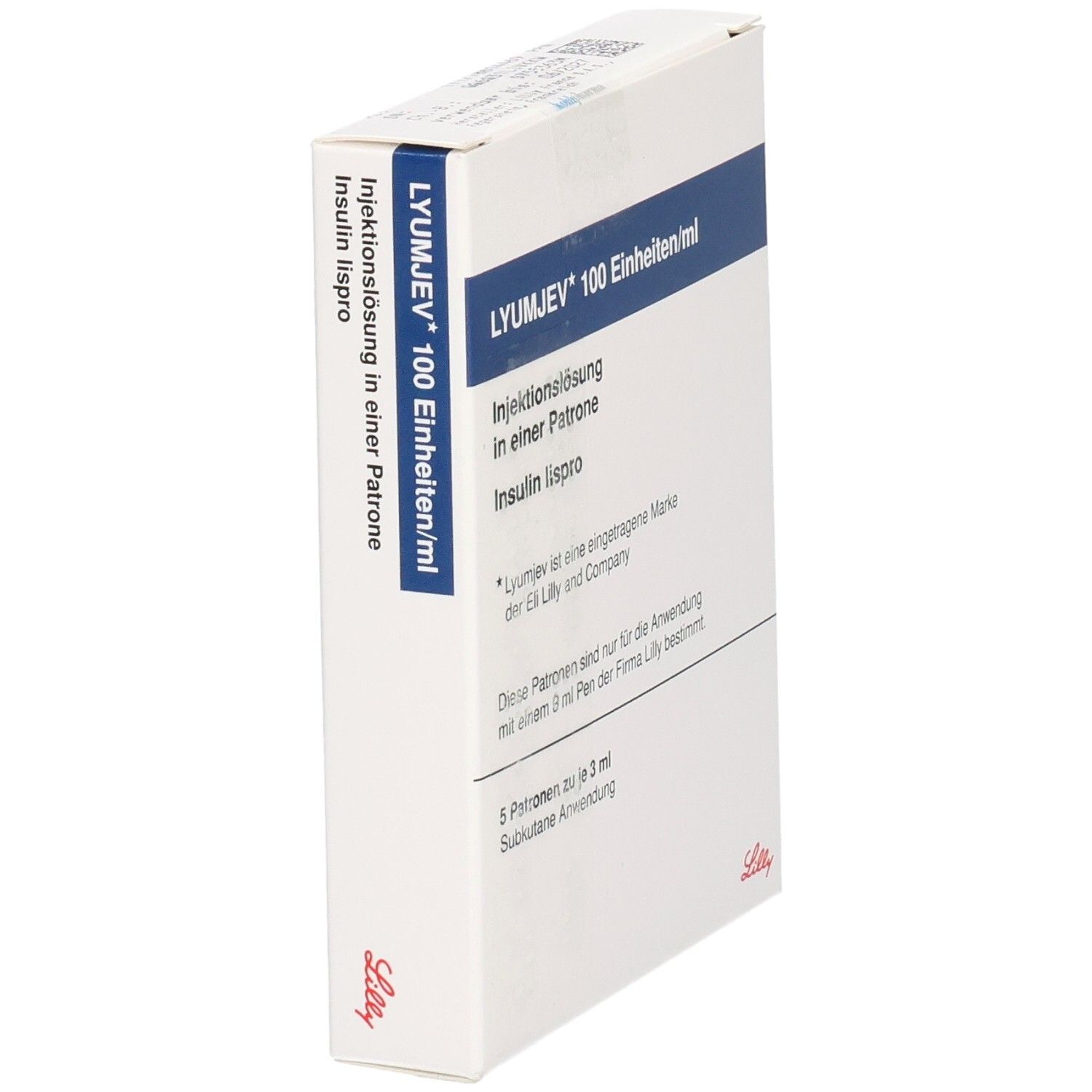 Weiße Verpackung, schräg von vorne. Aufschrift: LYUMJEV 100 Einheiten/ml, Injektionslösung, Insulin lispro. Lilly-Logo.