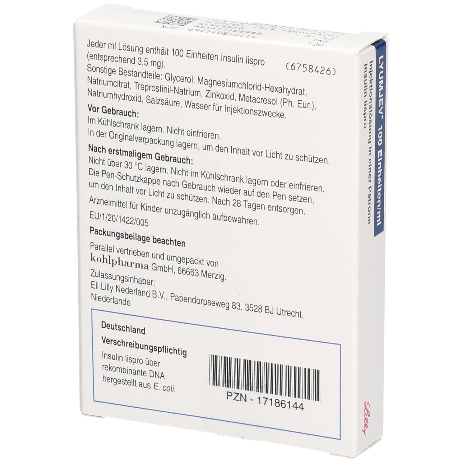 Rückseite der weißen Verpackung. Text: Inhaltsstoffe, Gebrauchsanweisung, Herstellerinformationen. PZN-Nummer und Zulassungsnummer.