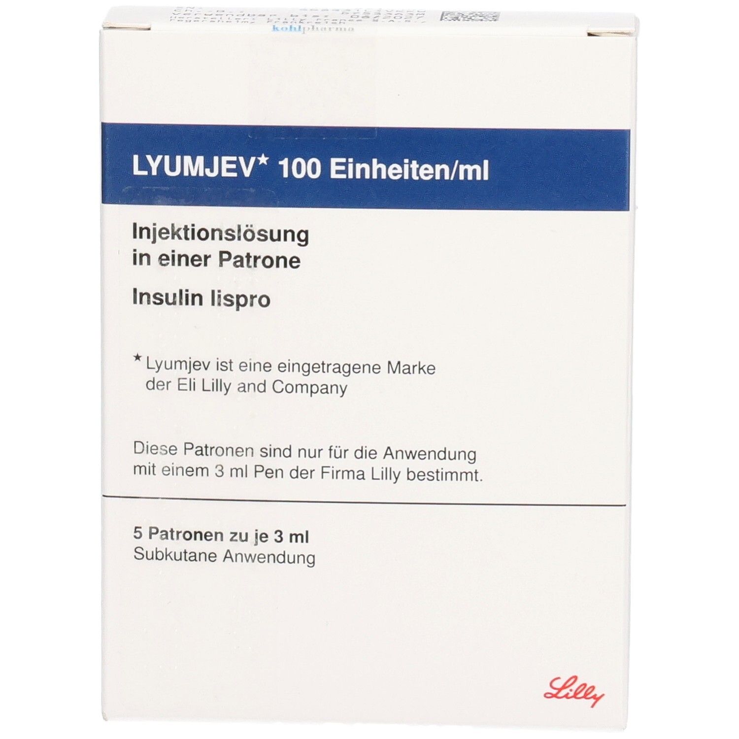 Weiße Verpackung mit blauer Schrift. Aufschrift: LYUMJEV 100 Einheiten/ml, Injektionslösung, Insulin lispro. Lilly-Logo.