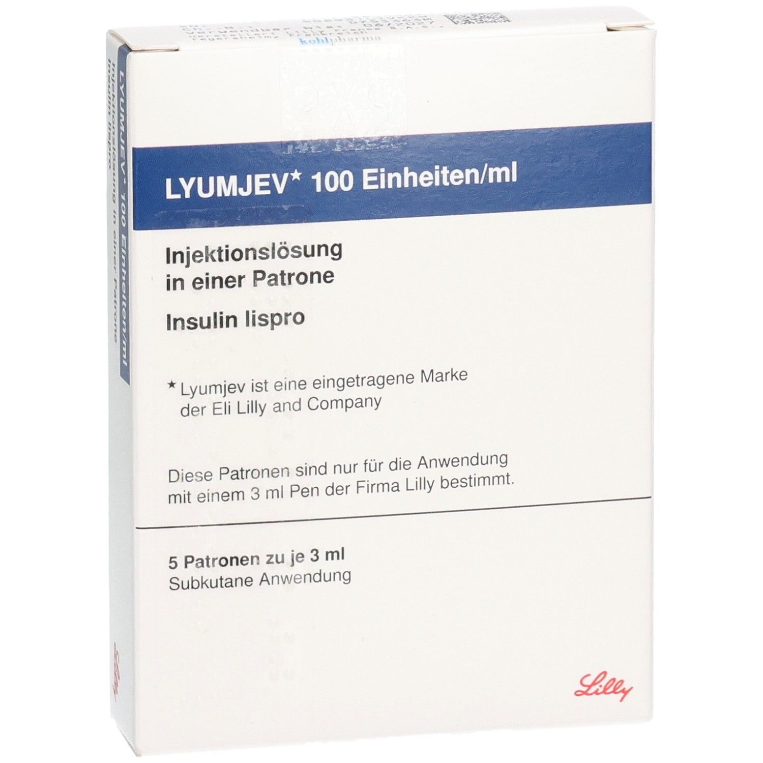 Weiße Verpackung mit blauer Schrift. Aufschrift: LYUMJEV 100 Einheiten/ml, Injektionslösung, Insulin lispro. Lilly-Logo.