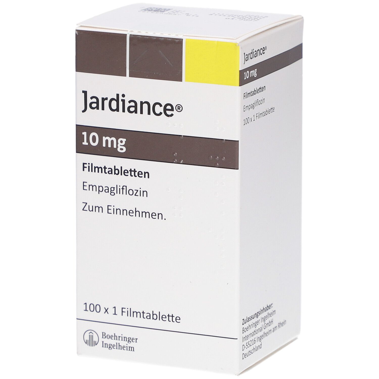Schachtel mit 'Jardiance 10 mg Filmtabletten'. Weiße Schachtel mit braunen und gelben Akzenten. 100 Tabletten.