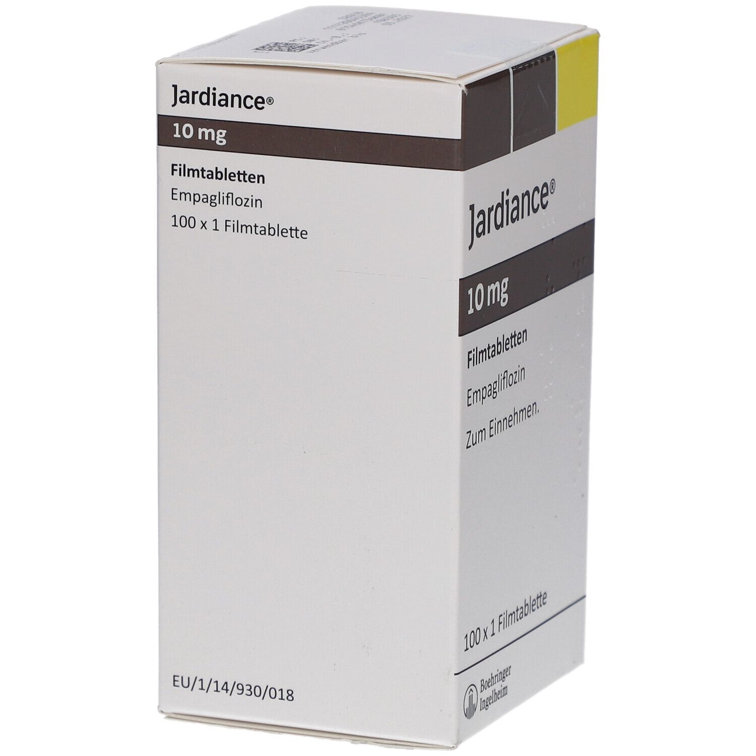 Schachtel 'Jardiance 10 mg Filmtabletten'. Weiße Schachtel, Ansicht schräg. Text: 100 x 1 Filmtablette.