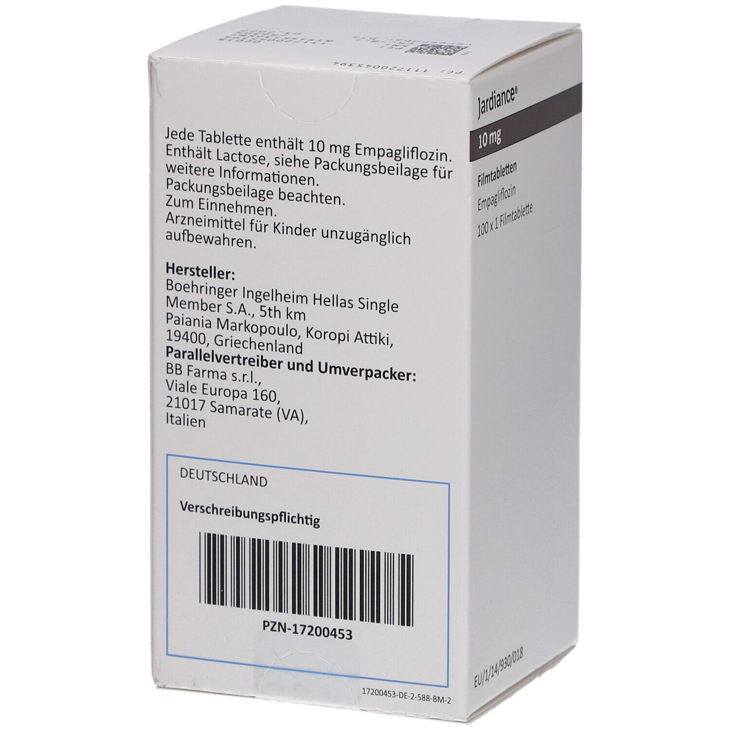 Rückseite der 'Jardiance' Schachtel. Textinformationen, Herstellerangaben, Barcode und PZN-Nummer.