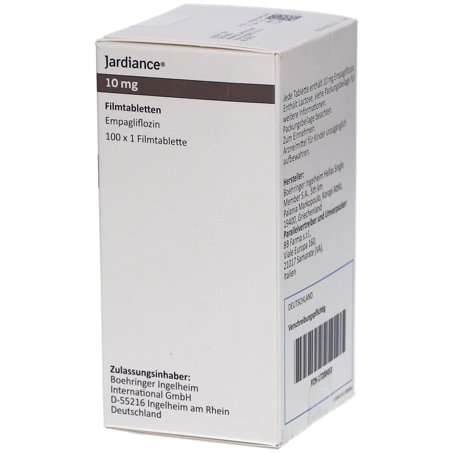 Schachtel 'Jardiance 10 mg Filmtabletten'. Weiße Schachtel, schräge Ansicht. Text: 100 x 1 Filmtablette.