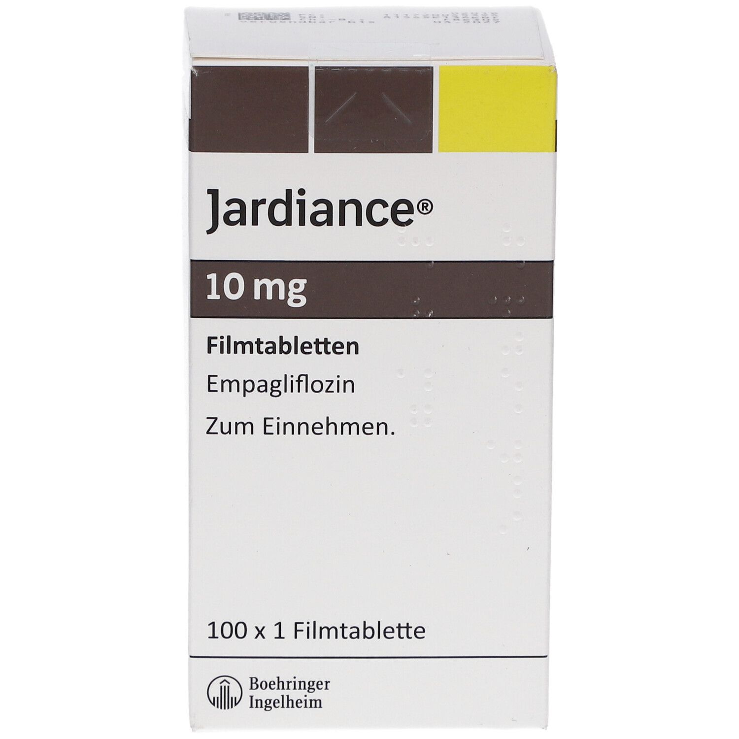 Schachtel 'Jardiance 10 mg Filmtabletten'. Weiße Schachtel mit braunen und gelben Akzenten. 100 Tabletten.