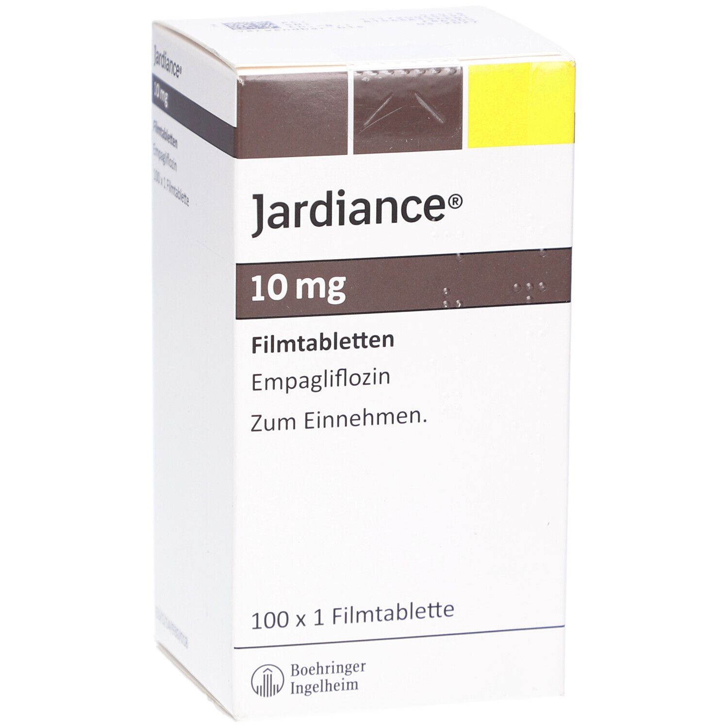 Schachtel 'Jardiance 10 mg Filmtabletten'. Weiße Schachtel mit braunen und gelben Akzenten. 100 Tabletten.