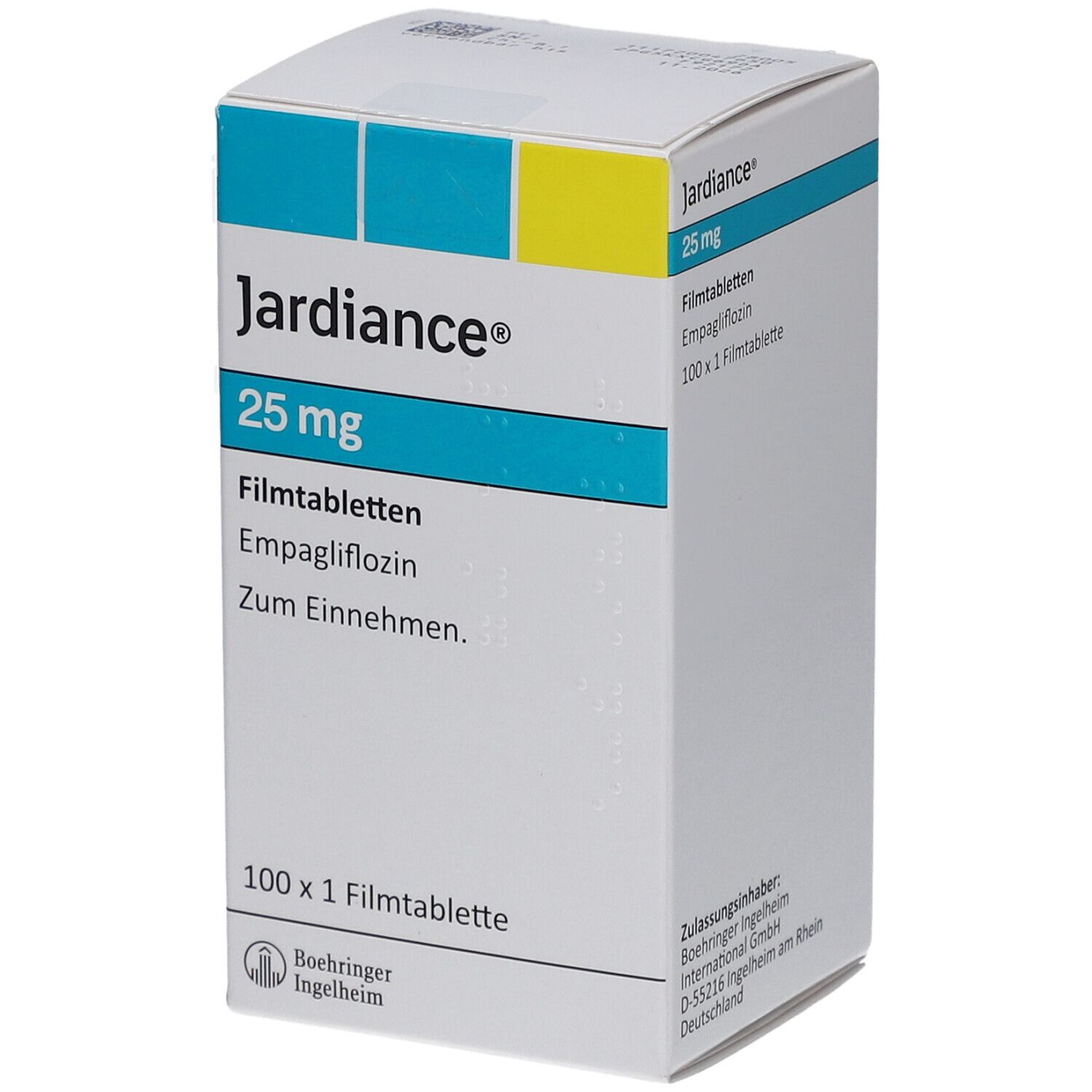 Schachtel mit Jardiance 25 mg Filmtabletten. Aufschrift: Empagliflozin, 100 x 1 Filmtablette. Boehringer Ingelheim Logo.