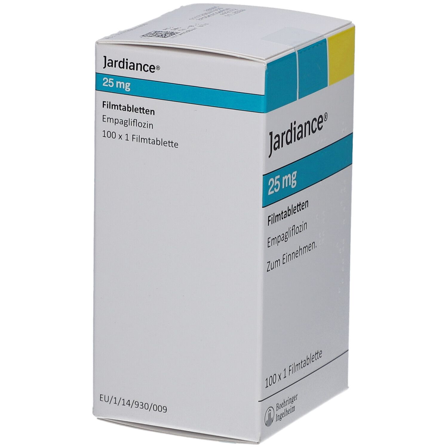 Schachtel mit Jardiance 25 mg Filmtabletten. Aufschrift: Empagliflozin, 100 x 1 Filmtablette. Ansicht von der Seite.