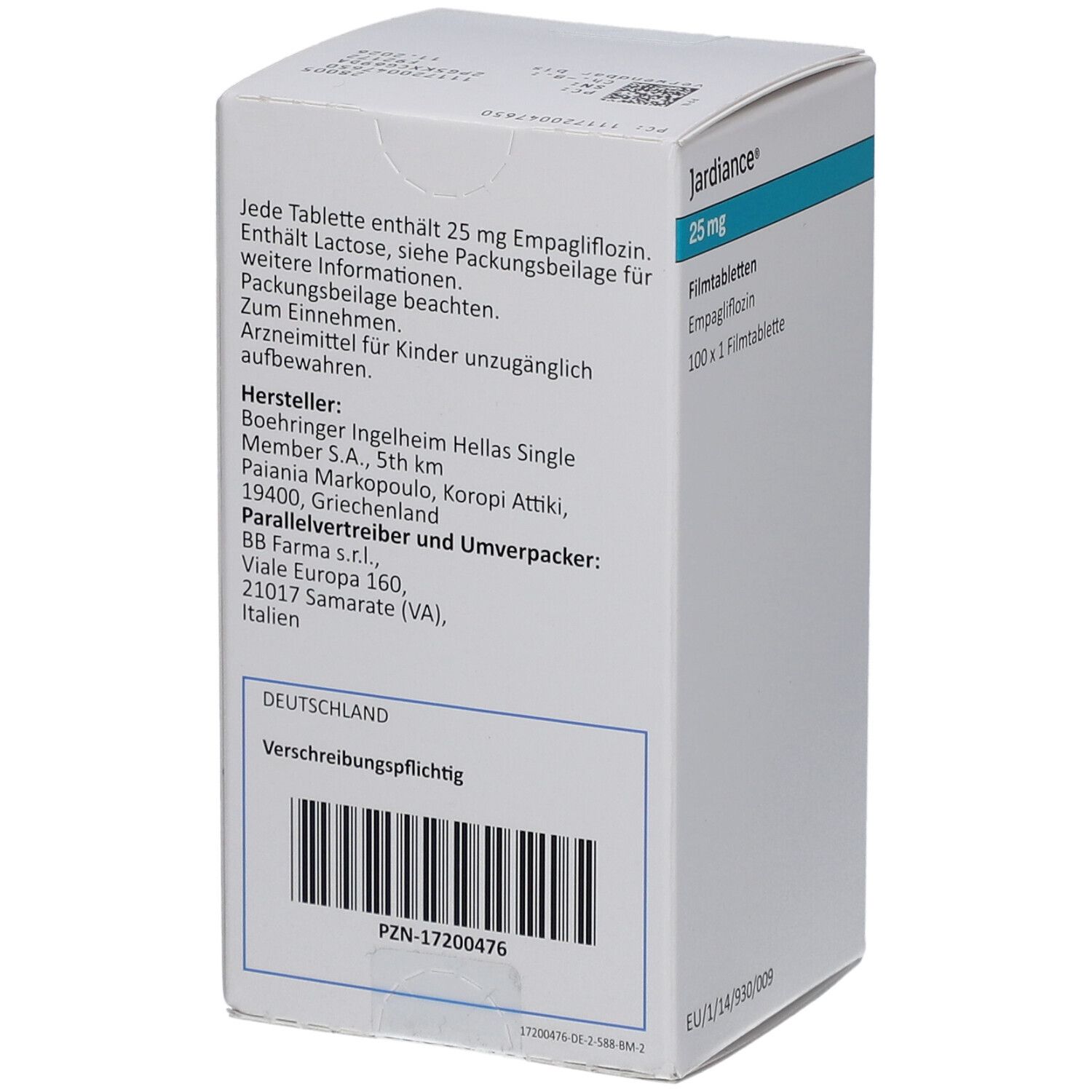 Rückseite der Jardiance 25 mg Filmtabletten-Schachtel. Text: Inhaltsstoffe, Hersteller, PZN-17200476, Deutschland.