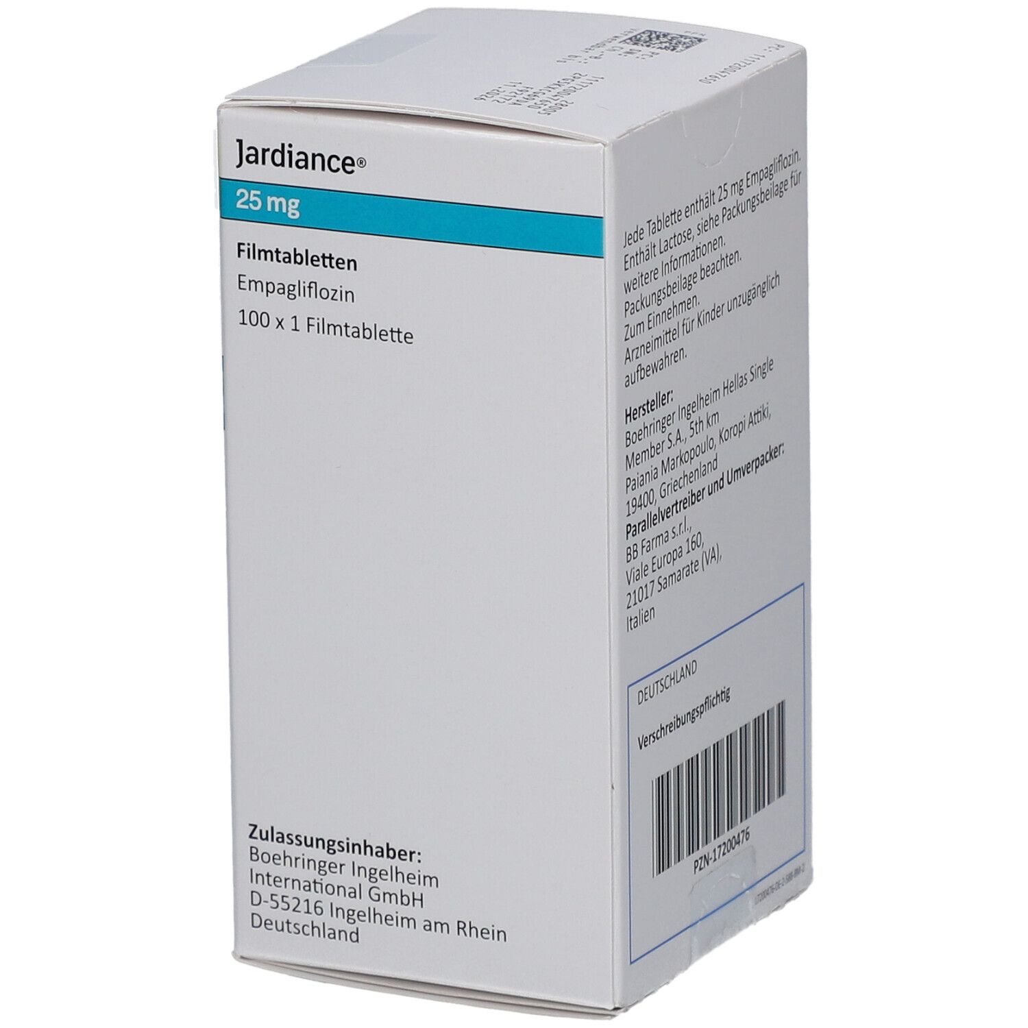Schachtel mit Jardiance 25 mg Filmtabletten. Aufschrift: Empagliflozin, 100 x 1 Filmtablette. Ansicht von der Seite.