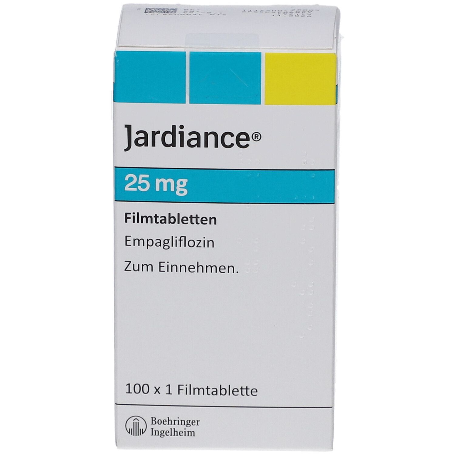 Schachtel mit Jardiance 25 mg Filmtabletten. Aufschrift: Empagliflozin, 100 x 1 Filmtablette. Boehringer Ingelheim Logo.
