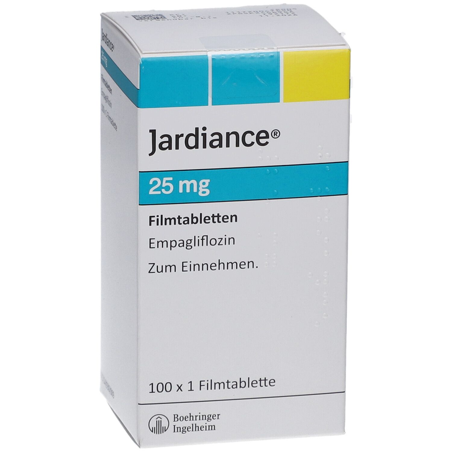 Schachtel mit Jardiance 25 mg Filmtabletten. Aufschrift: Empagliflozin, 100 x 1 Filmtablette. Boehringer Ingelheim Logo.
