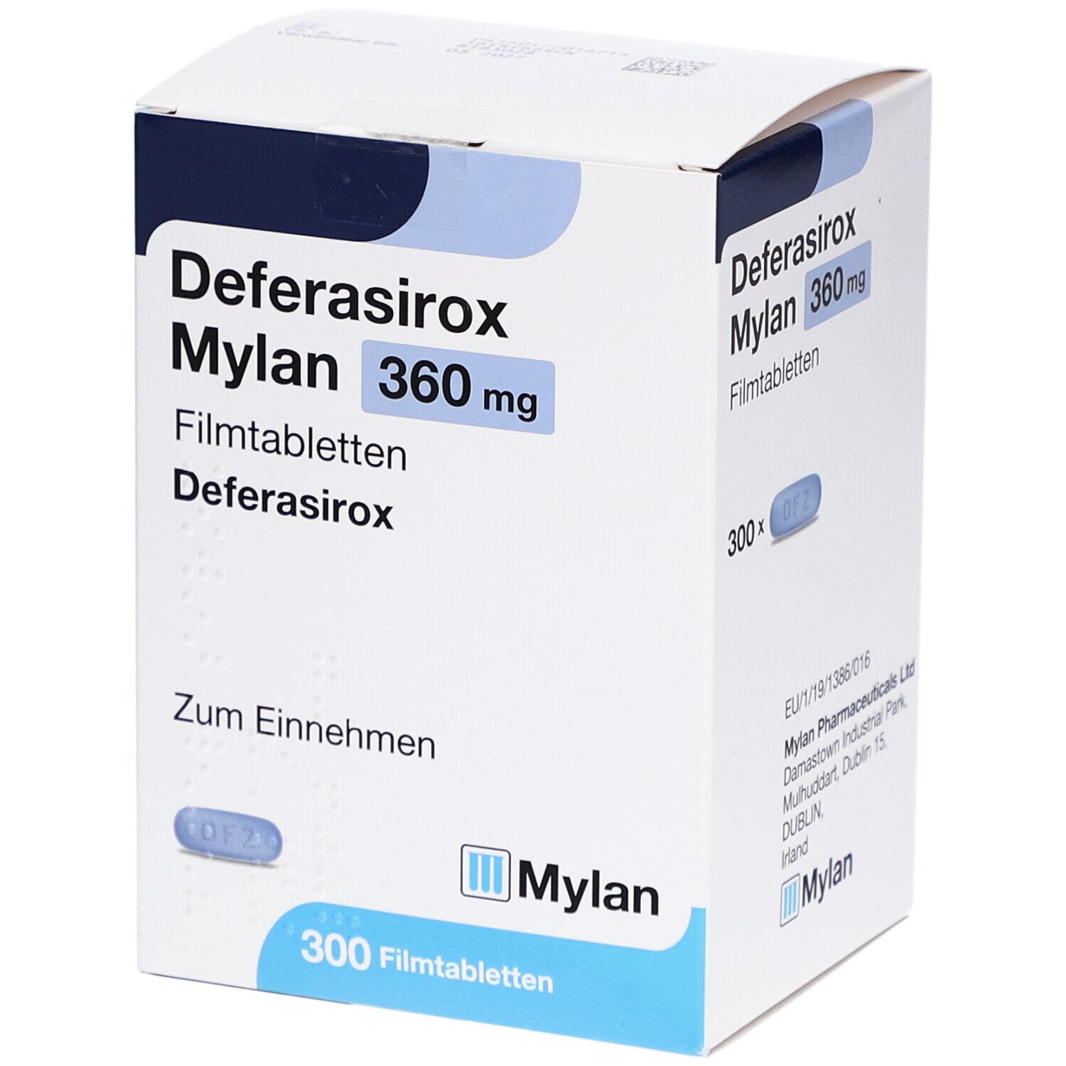 Schachtel mit Deferasirox Mylan 360 mg Filmtabletten. Blaue Tablette abgebildet. 300 Filmtabletten. Mylan Logo.