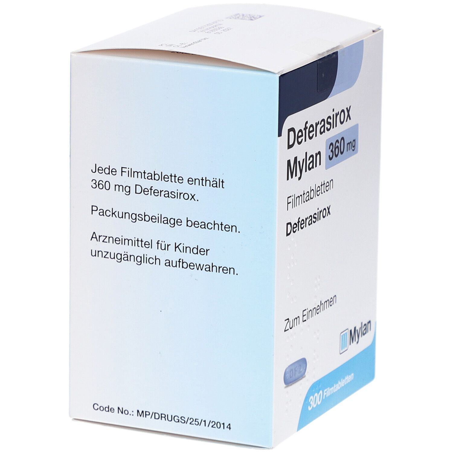 Schachtel mit Deferasirox Mylan 360 mg Filmtabletten. Text: Jede Filmtablette enthält 360 mg Deferasirox. 300 Filmtabletten. Mylan Logo.