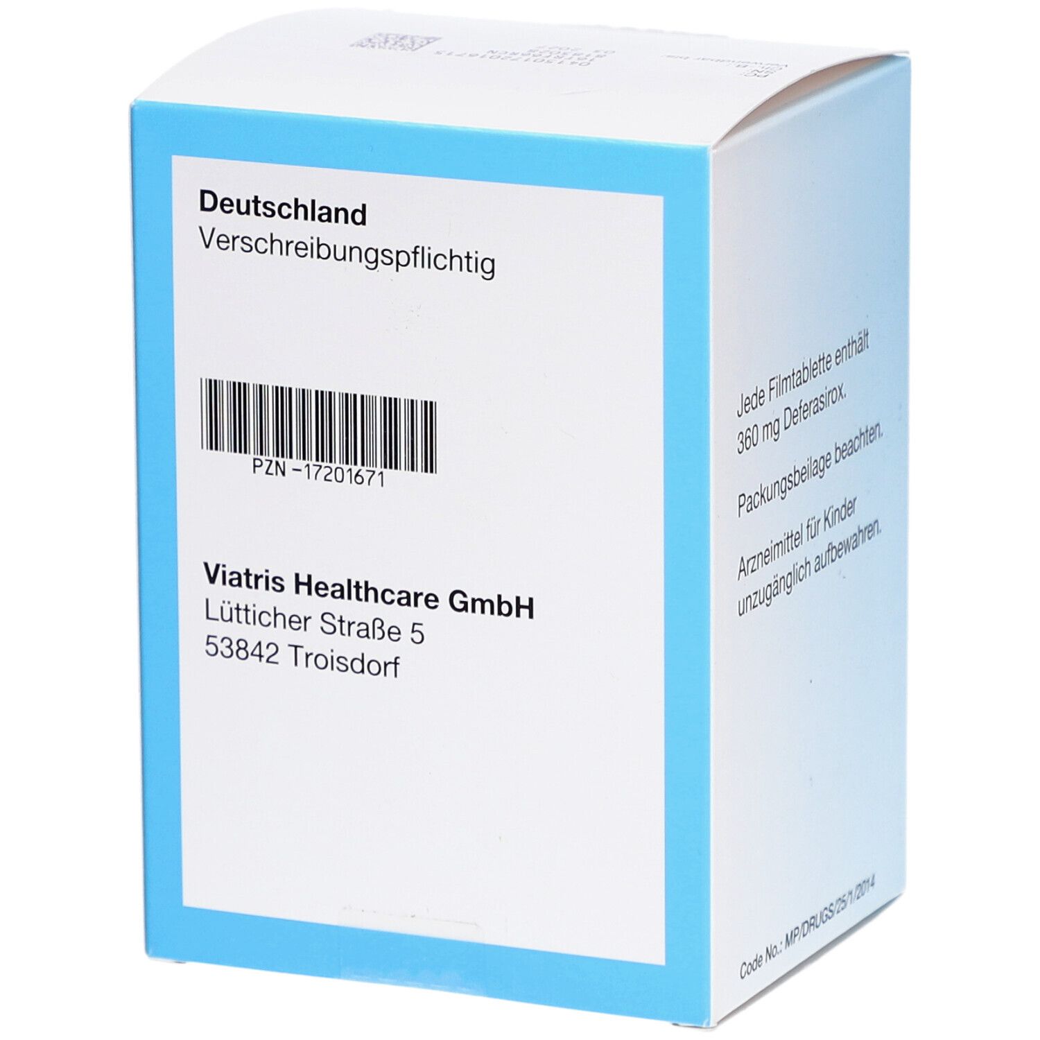 Schachtel mit Deferasirox Mylan 360 mg Filmtabletten. Rückseite mit Barcode und Adresse von Viatris Healthcare GmbH.