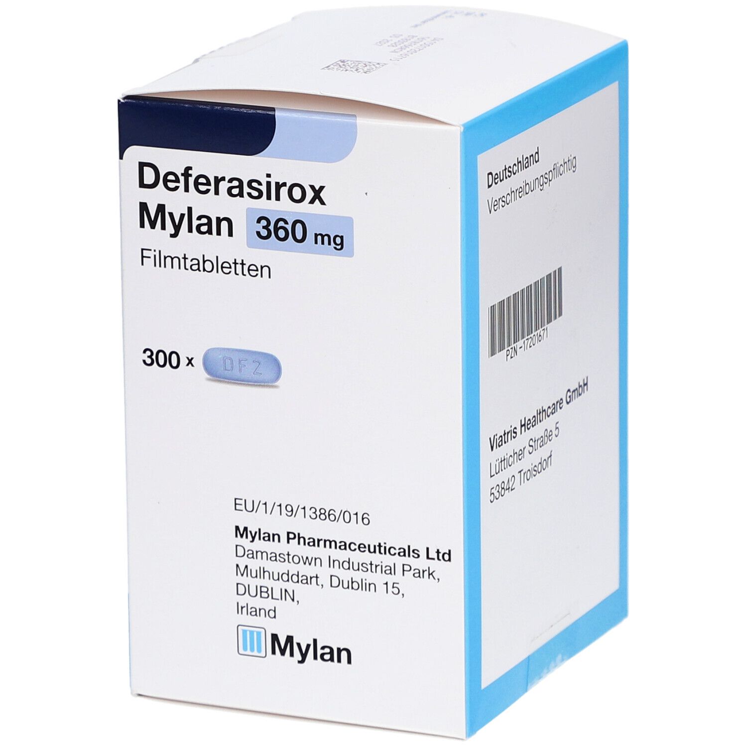 Schachtel mit Deferasirox Mylan 360 mg Filmtabletten. Blaue Tablette abgebildet. 300 Filmtabletten. Mylan Logo. EU-Zulassung.