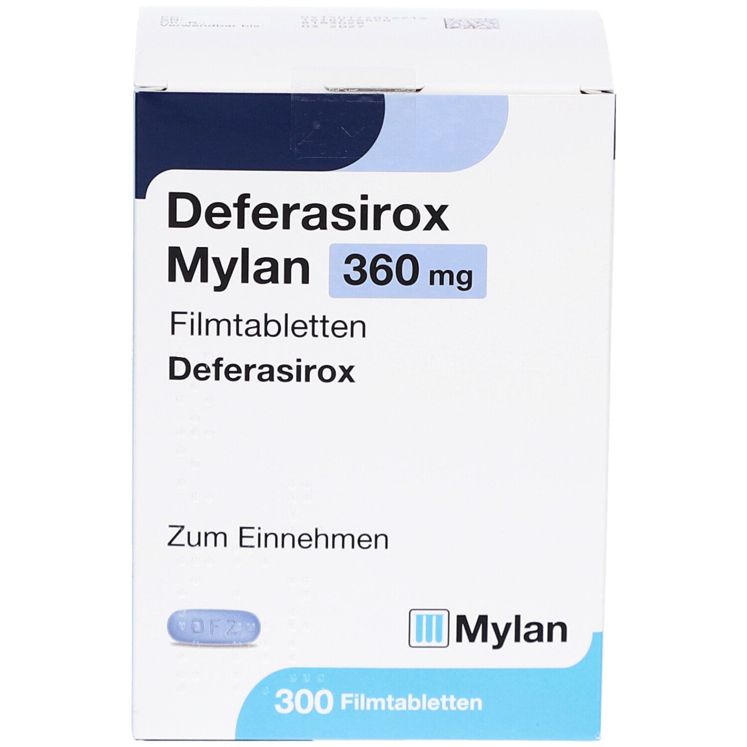 Schachtel mit Deferasirox Mylan 360 mg Filmtabletten. Blaue Tablette abgebildet. 300 Filmtabletten. Mylan Logo. Zum Einnehmen.