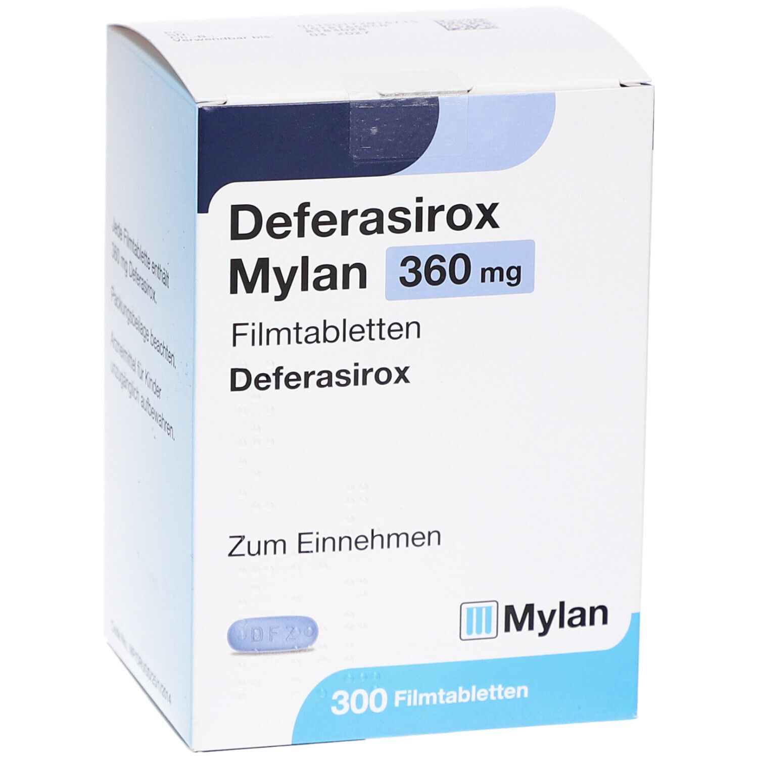 Schachtel mit Deferasirox Mylan 360 mg Filmtabletten. Blaue Tablette abgebildet. 300 Filmtabletten. Mylan Logo. Zum Einnehmen.
