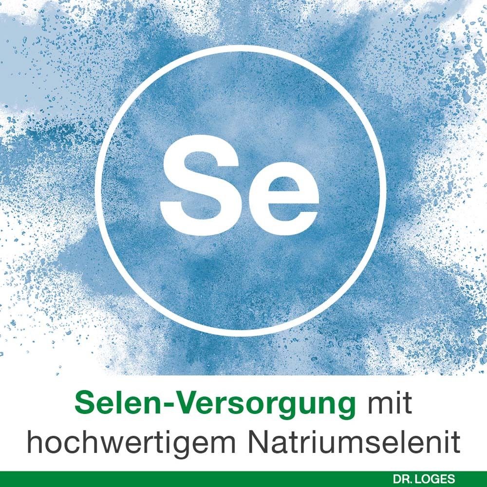 Blauer Hintergrund mit weißem Se-Symbol. Text: Selen-Versorgung mit hochwertigem Natriumselenit. Logo Dr. Loges.