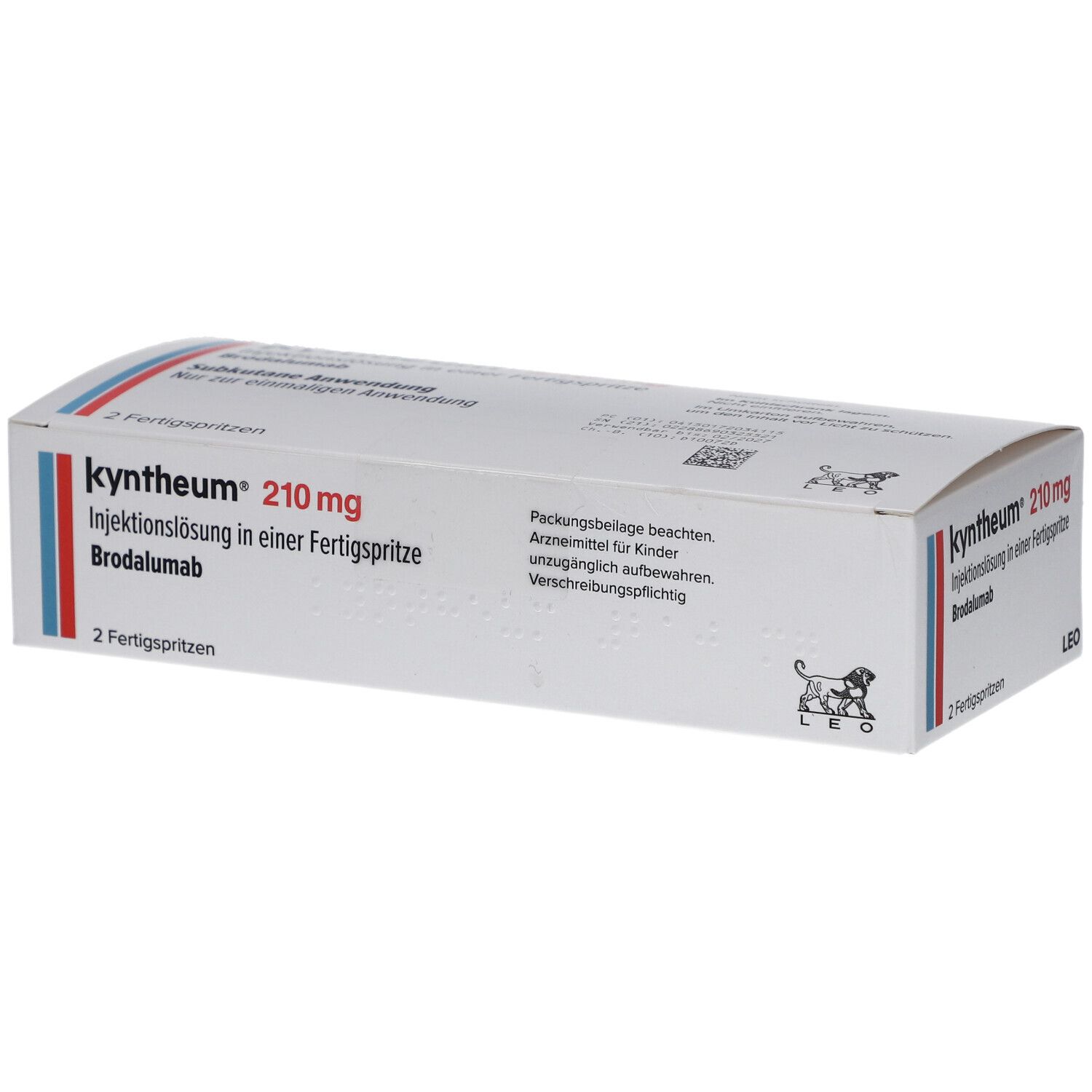 Schachtel mit Kyntheum 210 mg Injektionslösung. Aufschrift: 2 Fertigspritzen. Rote und blaue Streifen.