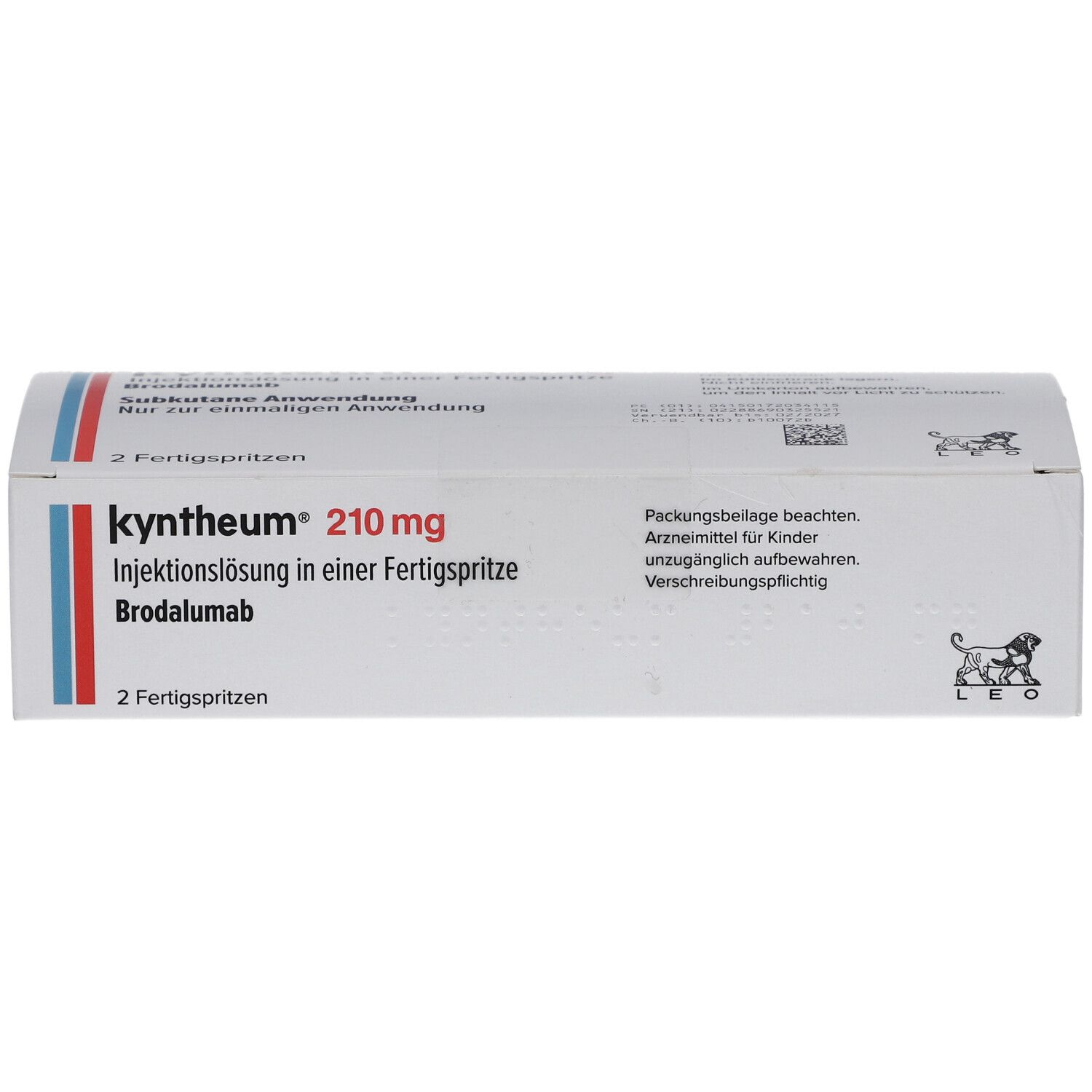 Schachtel Kyntheum 210 mg. Aufschrift: Injektionslösung in einer Fertigspritze. 2 Fertigspritzen. Rote und blaue Streifen.