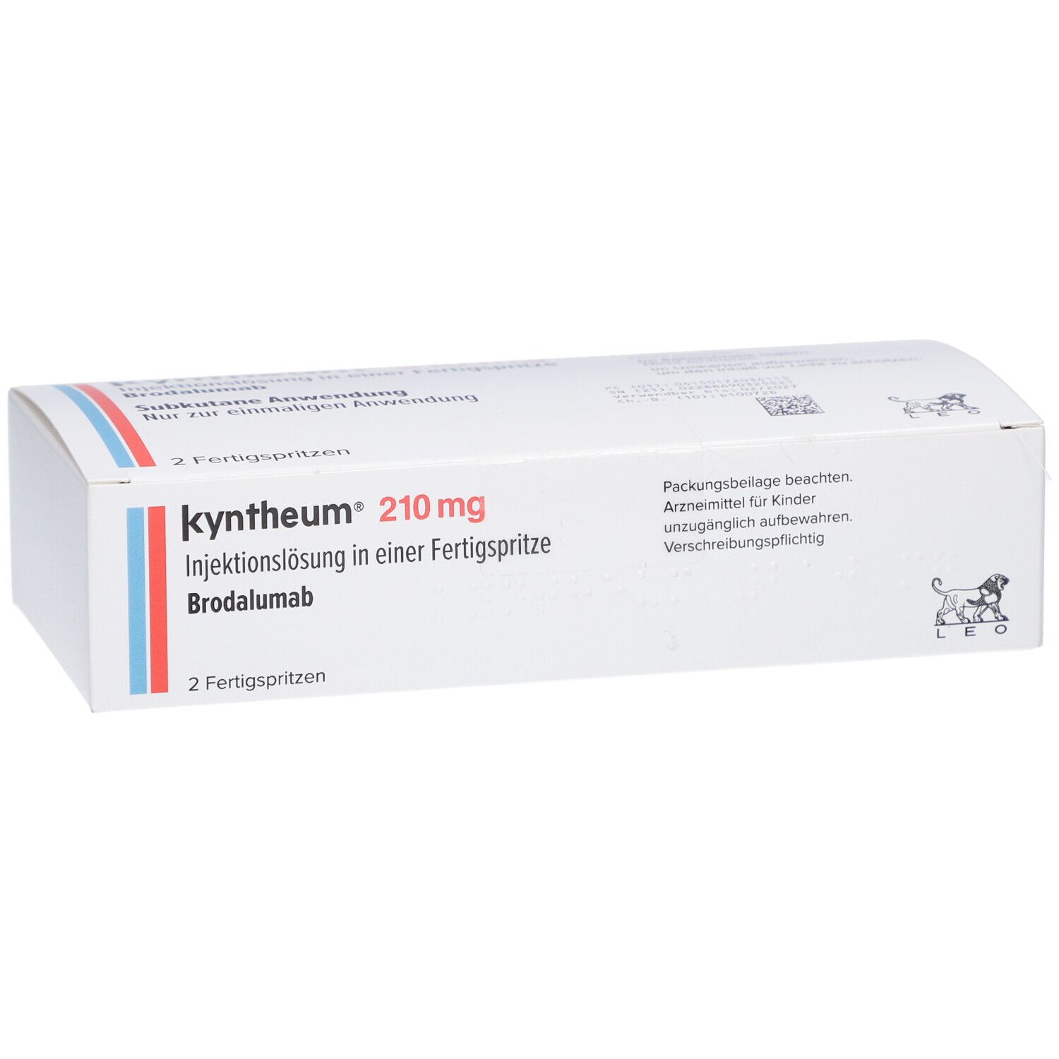 Schachtel Kyntheum 210 mg. Aufschrift: Injektionslösung in einer Fertigspritze. 2 Fertigspritzen. Rote und blaue Streifen.