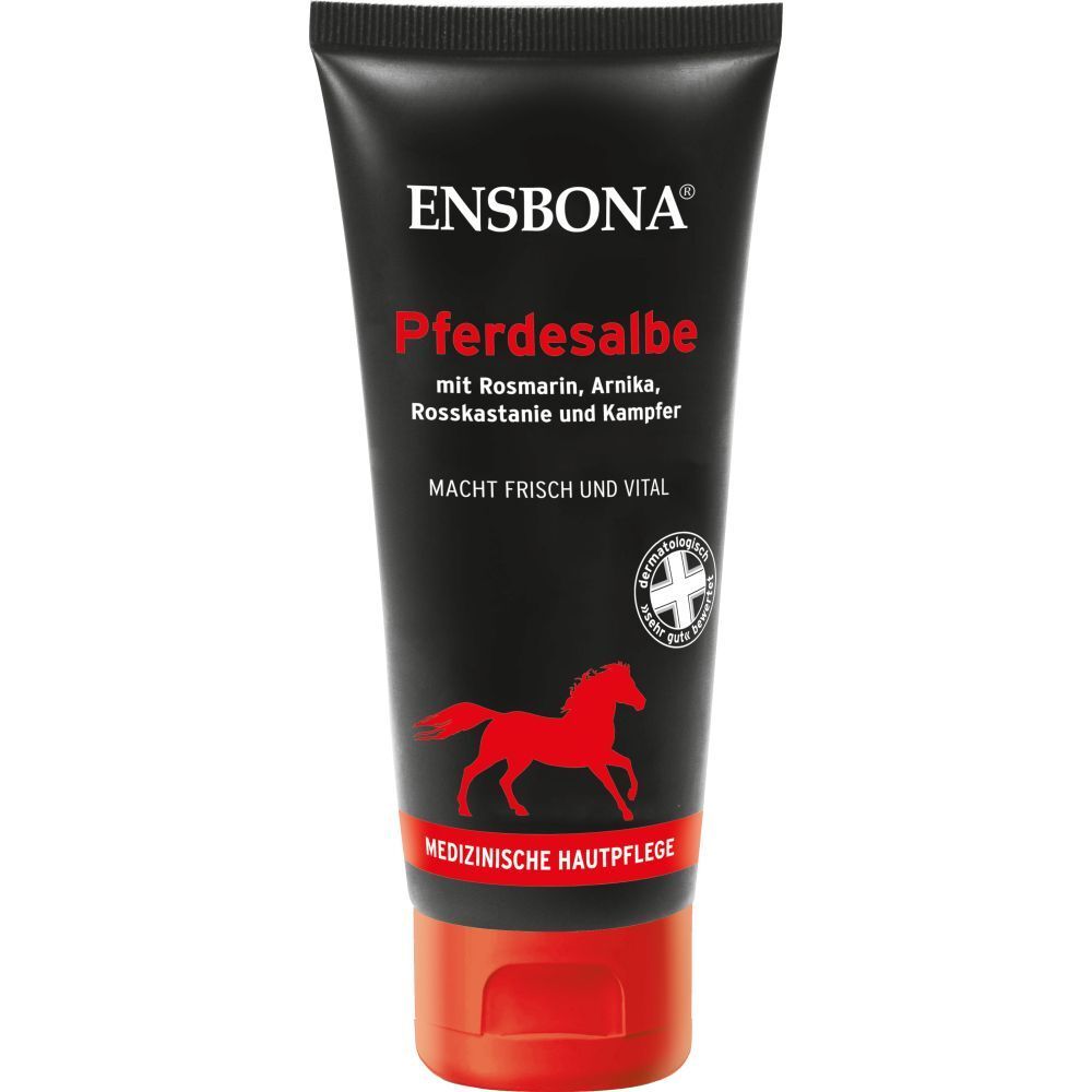 ENSBONA Pferdesalbe Tube mit rotem Pferd-Logo, Rosmarin, Arnika, Rosskastanie und Kampfer.