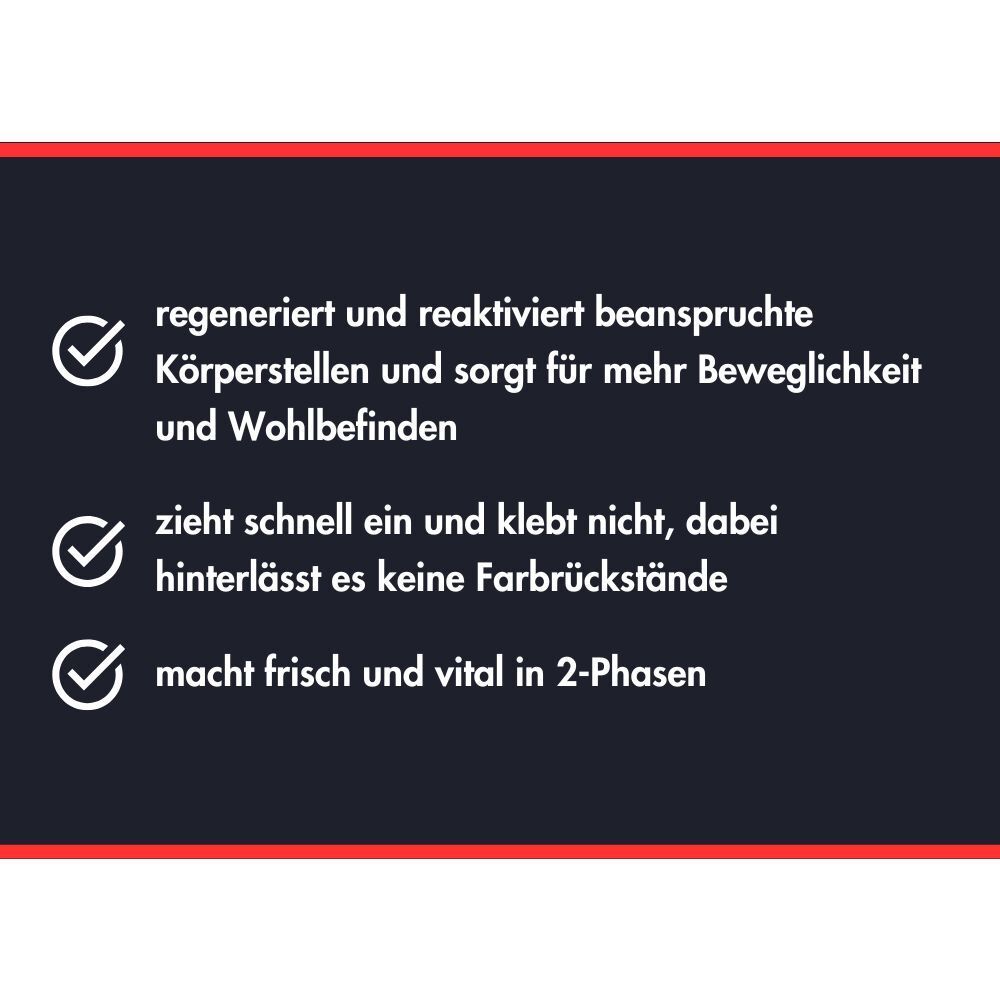 Aufzählungspunkte: Regeneration, schnelle Absorption, keine Flecken, erfrischt und belebt.