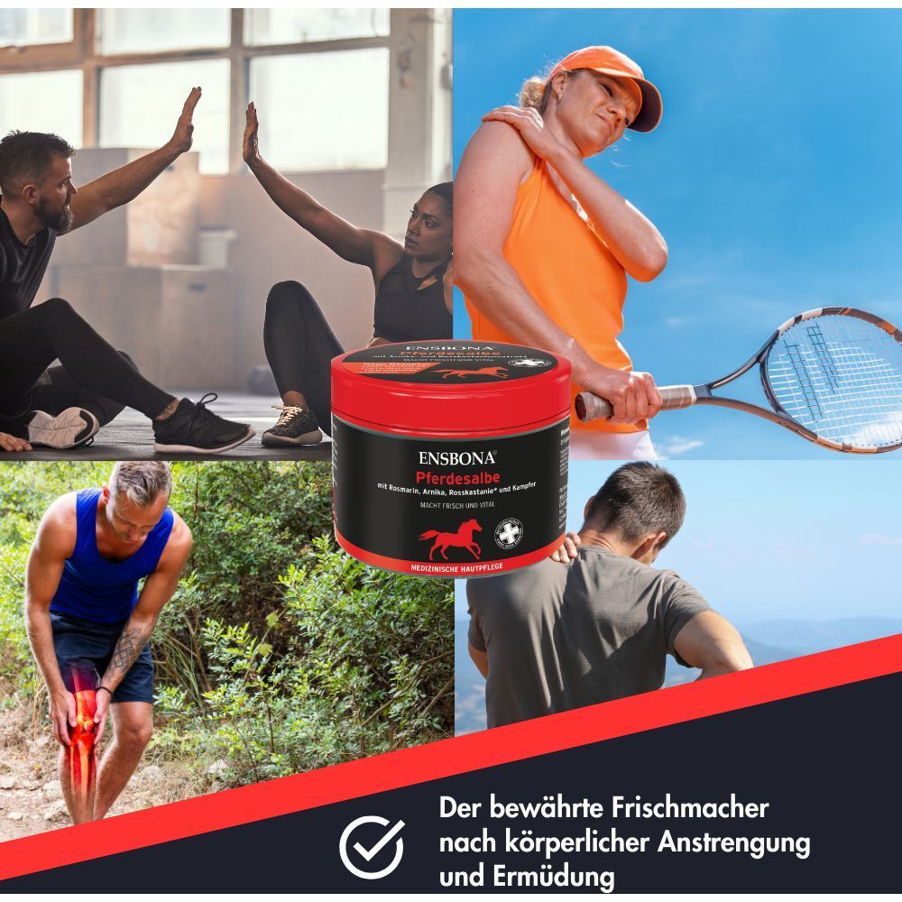 Collage: ENSBONA Pferdesalbe Tiegel, Menschen beim Sport, Tennisspielerin mit Schulterschmerzen, Mann mit Knieschmerzen.