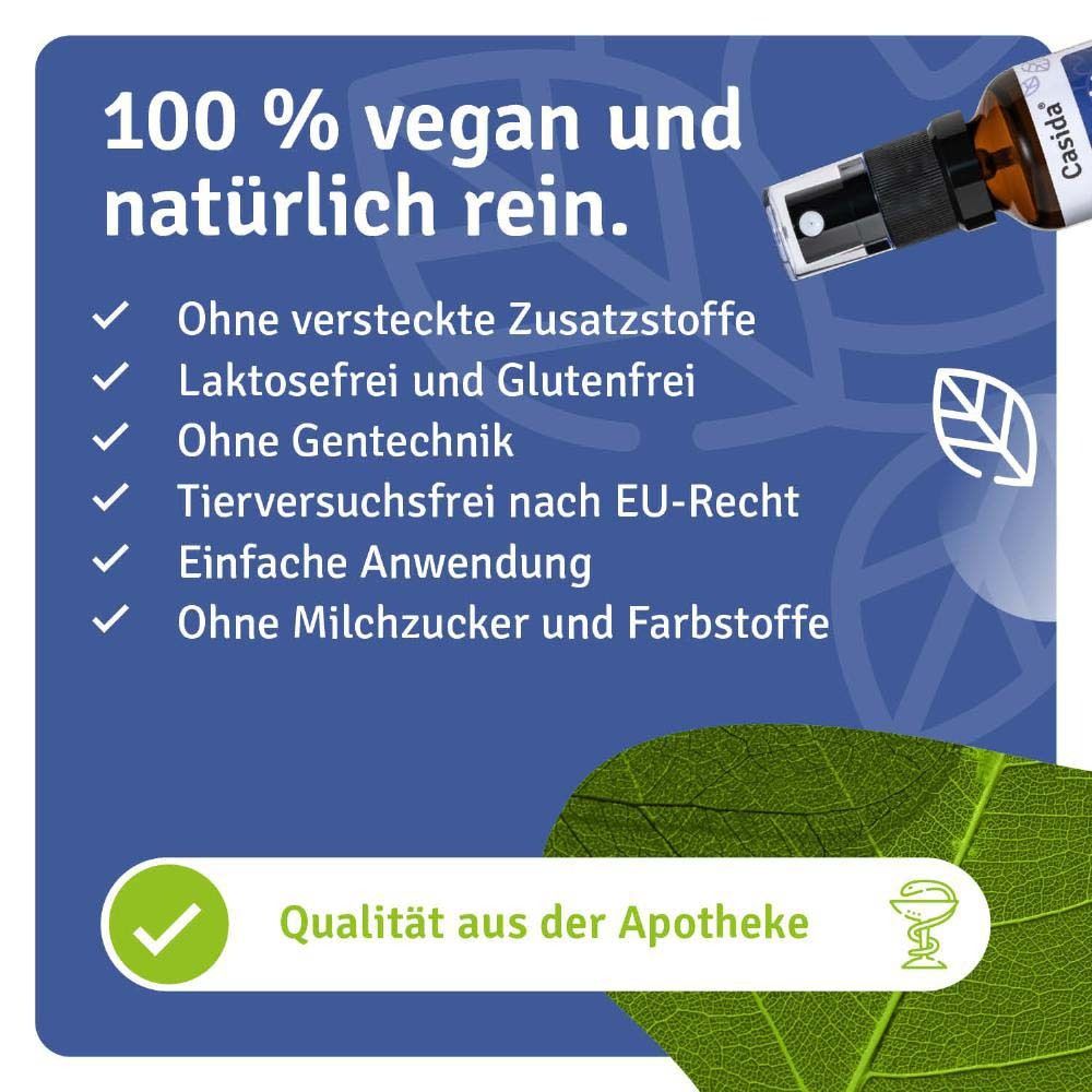 Produktflasche mit Text. Ohne versteckte Zusatzstoffe, laktosefrei, glutenfrei, ohne Gentechnik. Apothekenqualität.