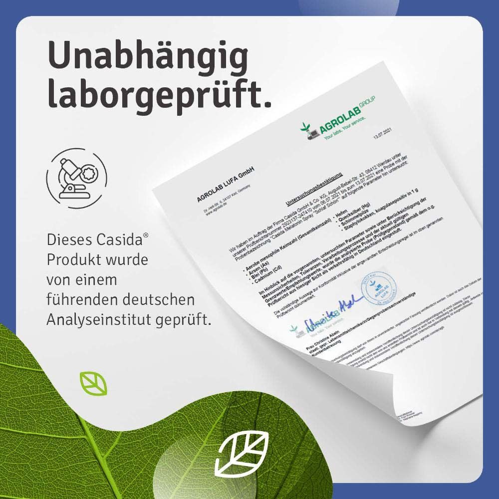 Laborgeprüftes Produkt. Dokument mit Testergebnissen. Casida® Produkt von deutschem Analyseinstitut geprüft.