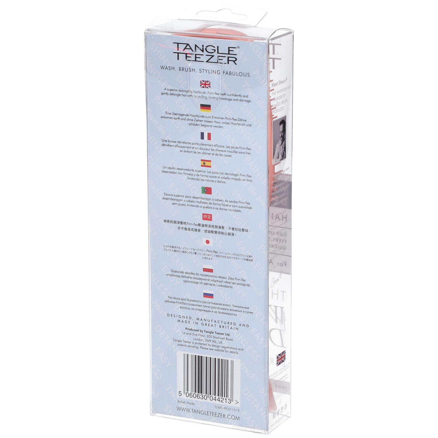 Rückseite der Verpackung der Tangle Teezer Wet Detangling Hairbrush, Koralle, Großformat, mit mehrsprachigen Informationen.