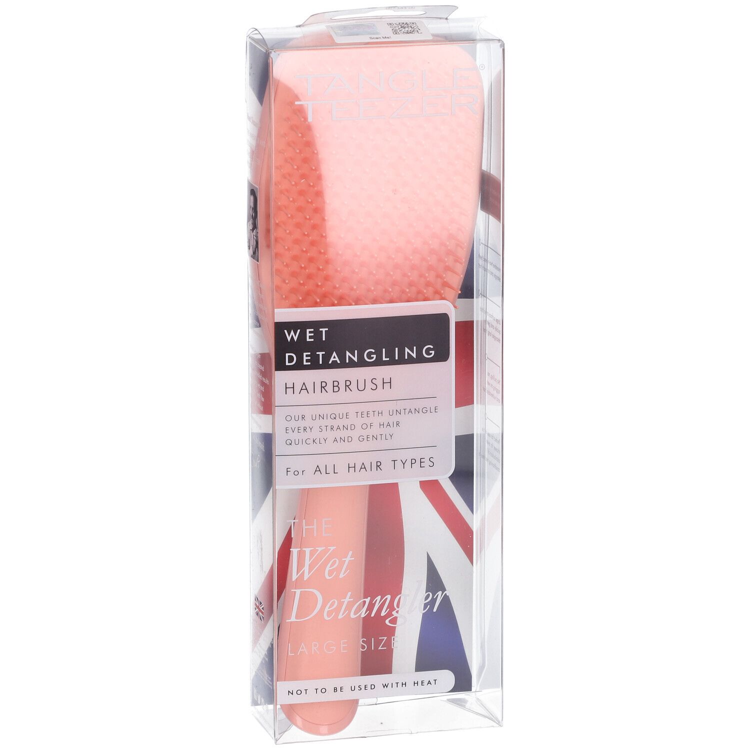 Tangle Teezer Wet Detangling Hairbrush in Koralle, Großformat, in transparenter Verpackung mit Union Jack.