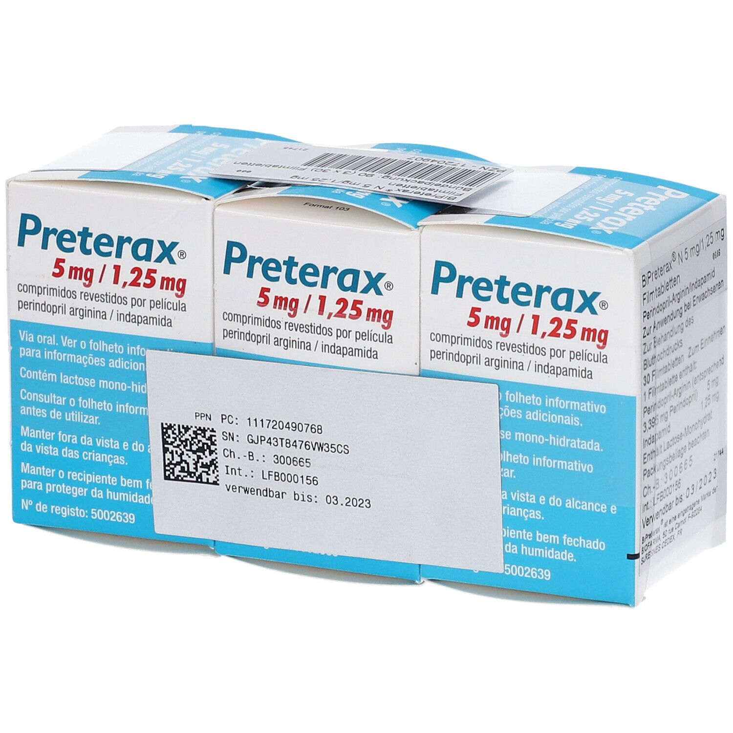 Drei Schachteln BiPreterax 5 mg/1,25 mg. Blaue und weiße Verpackung. Text: Preterax 5 mg/1,25 mg. QR-Code und Chargennummer.