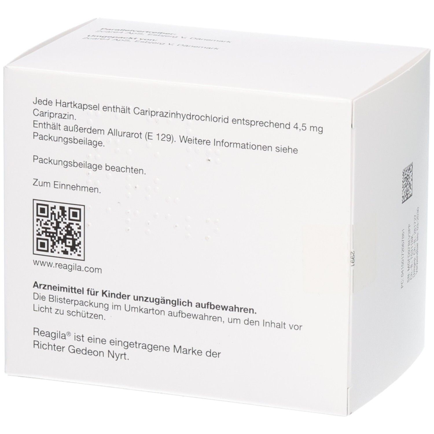Rückseite der Reagila 4,5 mg Hartkapseln Verpackung mit Informationen.