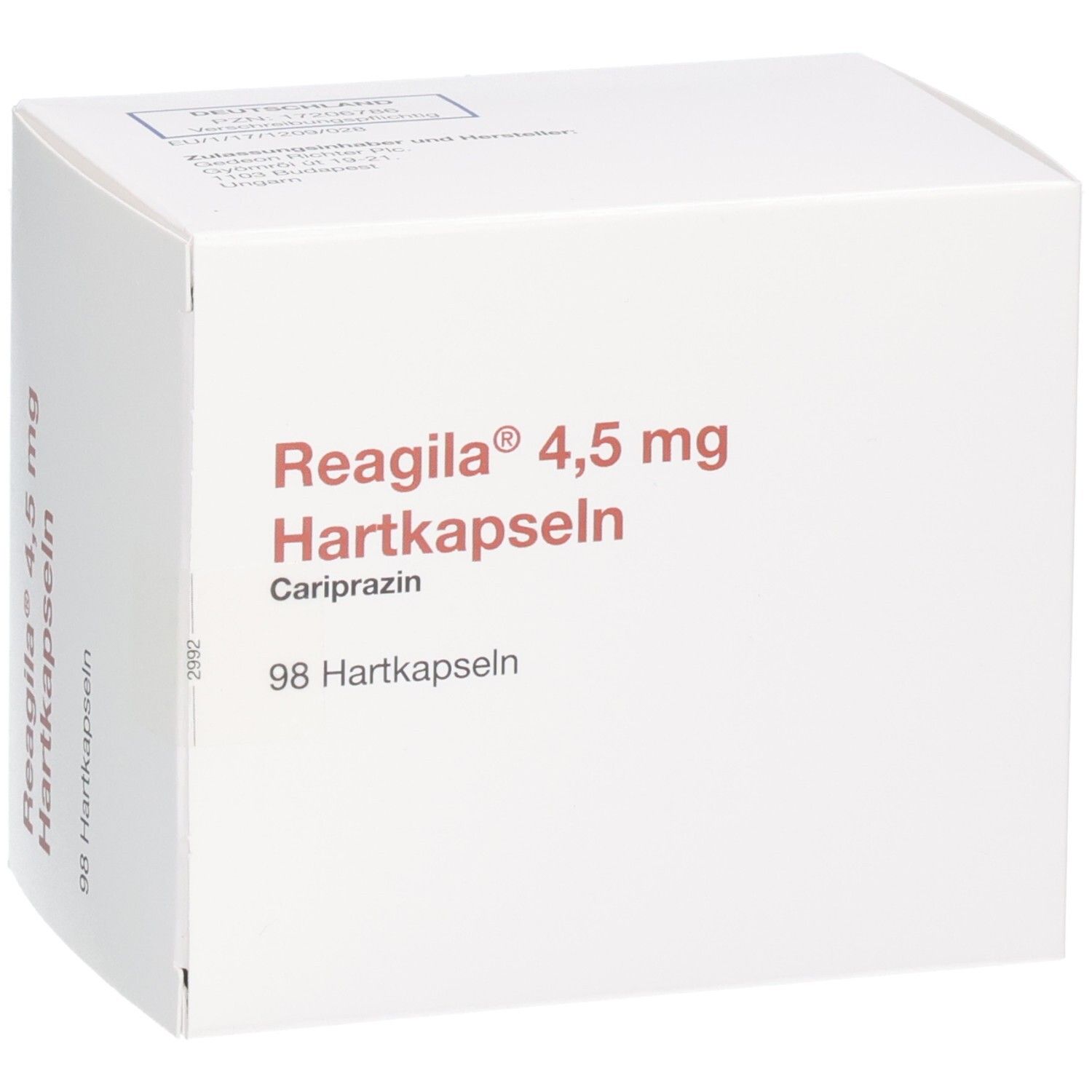 Reagila 4,5 mg Hartkapseln Kartonverpackung mit 98 Hartkapseln.