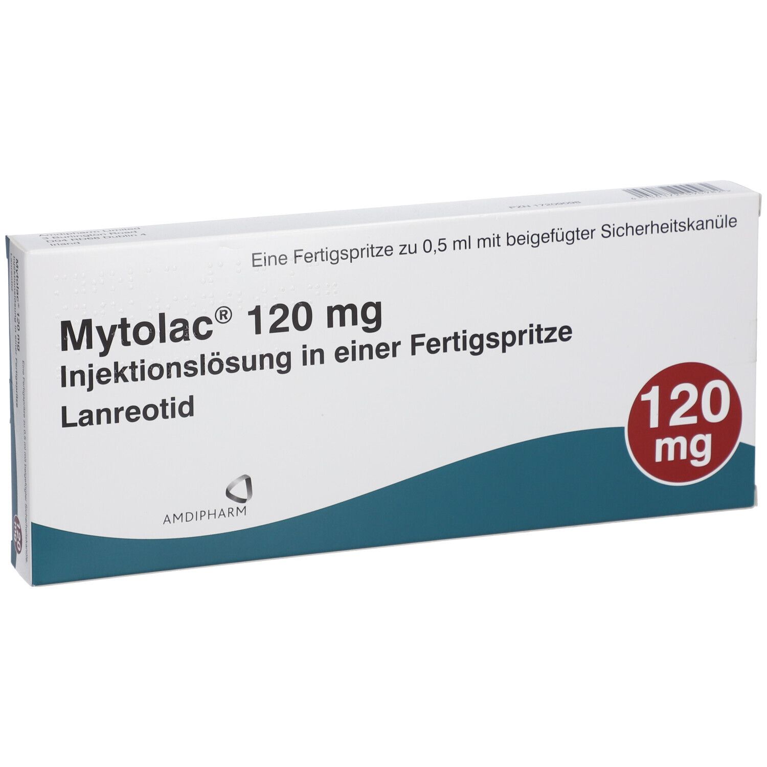 Verpackung von Mytolac 120 mg Injektionslösung. Fertigspritze mit Sicherheitskanüle. Roter Kreis mit 120 mg. AMIDPHARM Logo.