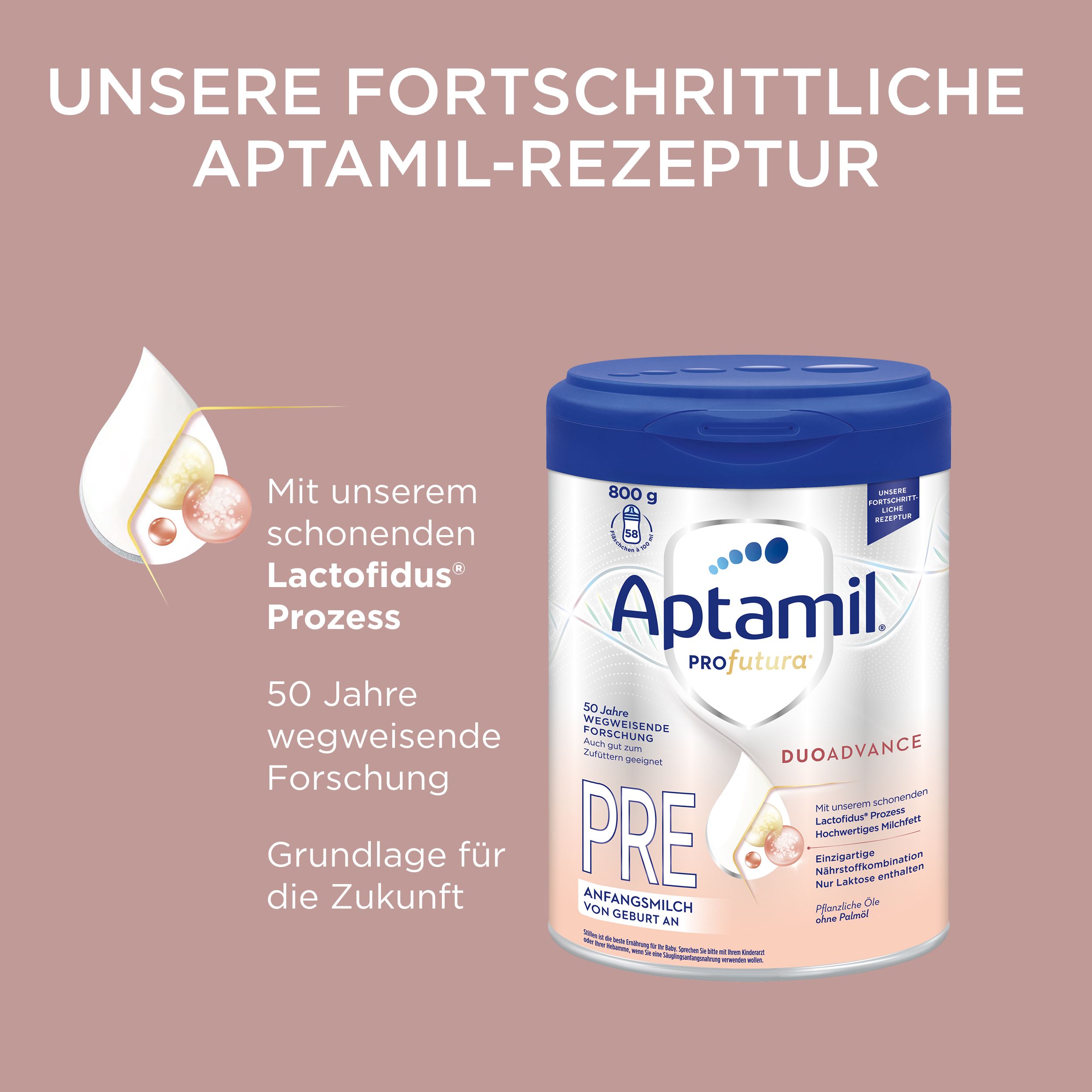 Aptamil Profutura Pre Dose. Blaue Deckel, weiße Dose mit Produktinformationen. 800g.