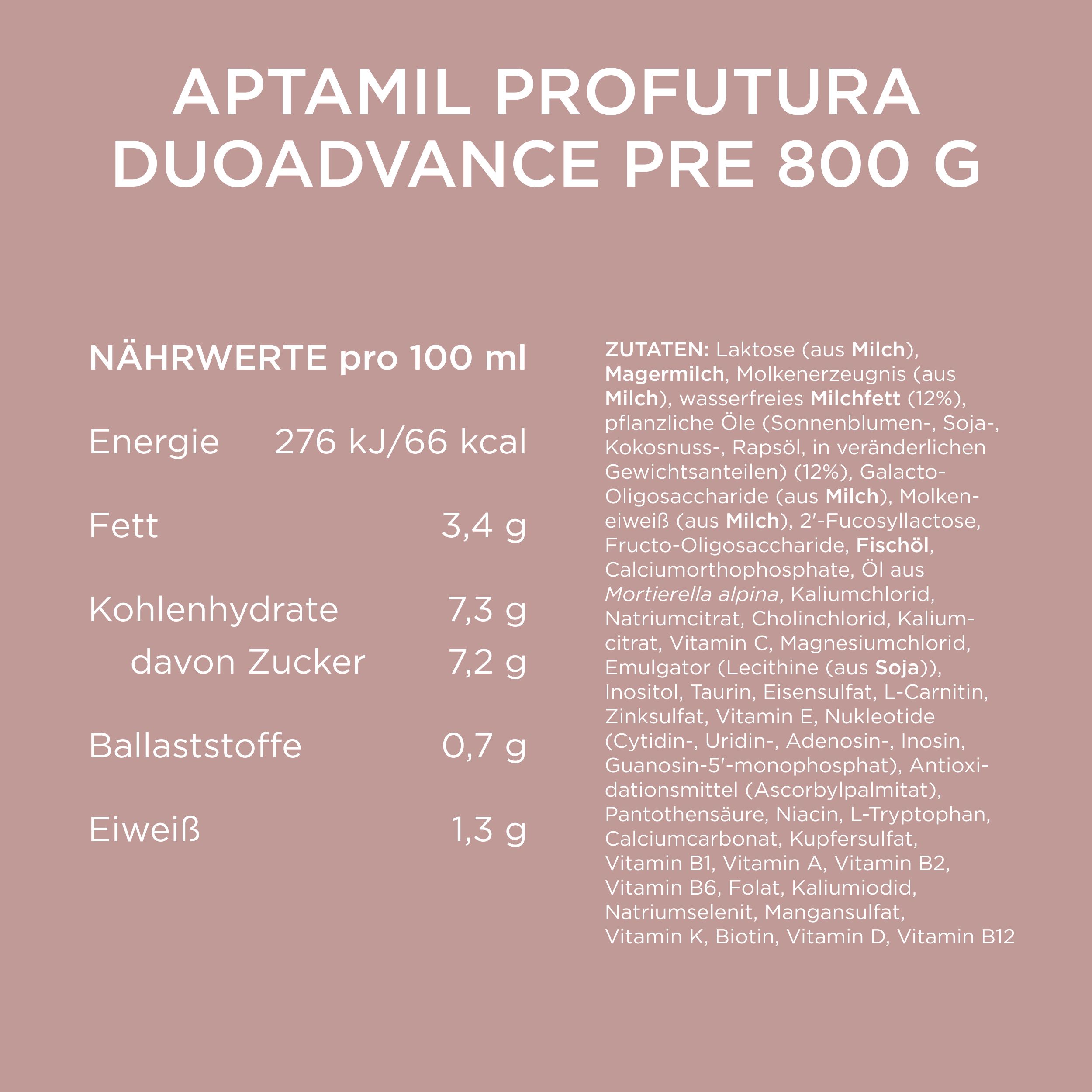 Nährwerttabelle Aptamil Profutura DuoAdvance Pre. Energie, Fett, Kohlenhydrate, Ballaststoffe, Eiweiß.