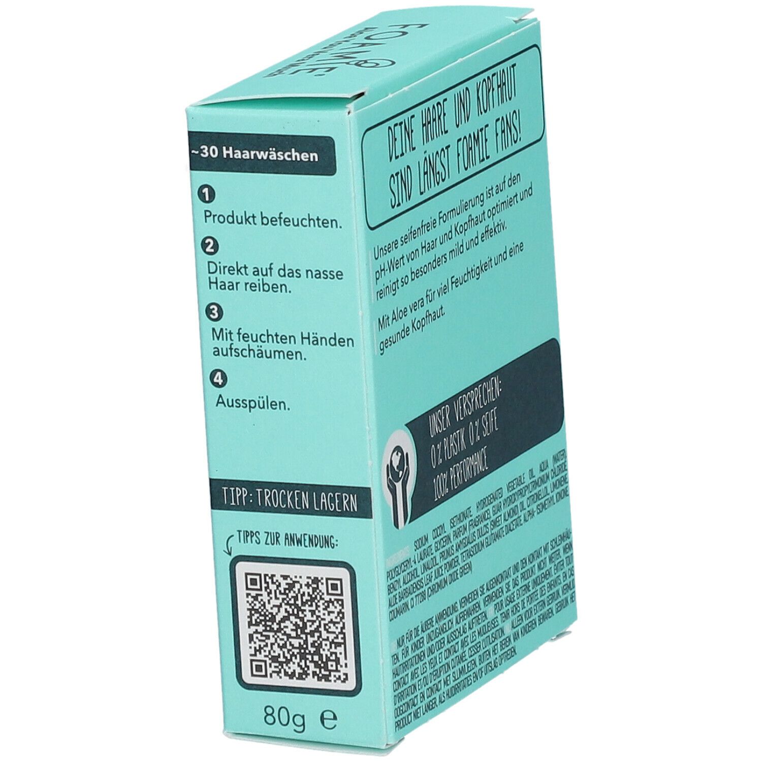 Verpackung mit Anwendungsanleitung. "-30 Haarwäschen". QR-Code und Text. "80g e". Text über trockene Lagerung.