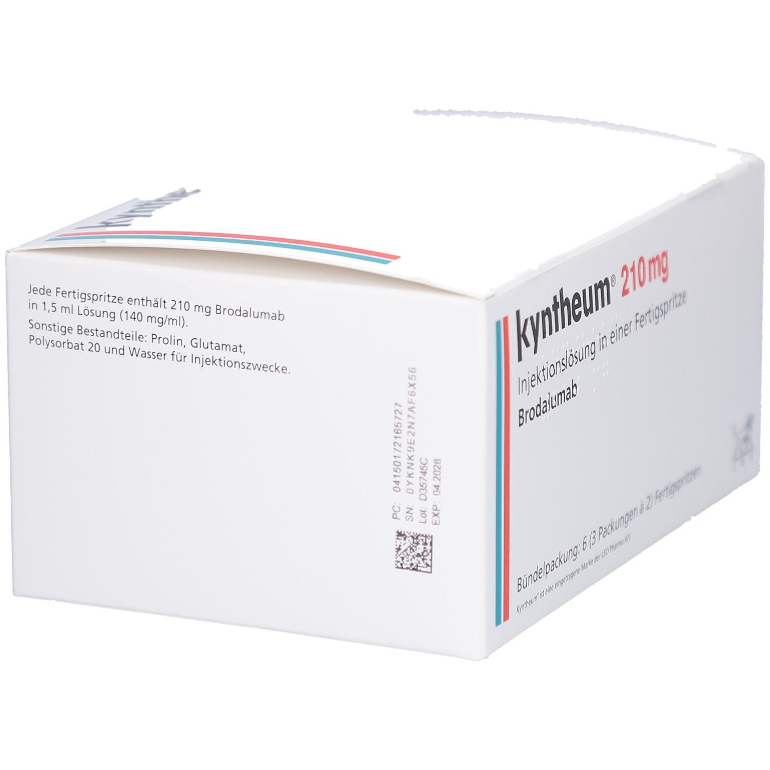 Weiße Kartonverpackung mit Text. Beschriftung: Kyntheum 210 mg Injektionslösung. Inhaltsstoffe. QR-Code.
