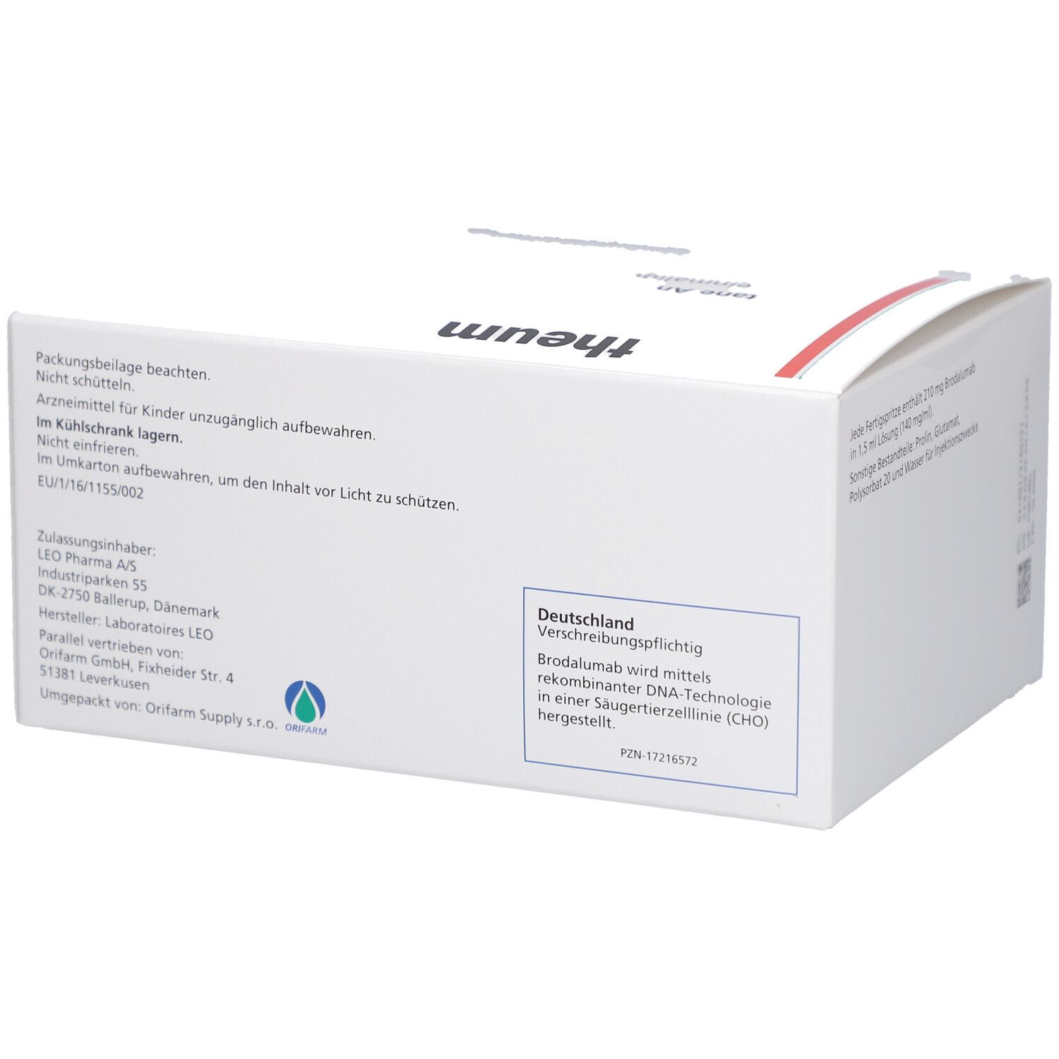 Rückseite der weißen Kartonverpackung. Text: Vorsichtsmaßnahmen, Herstellerinformationen, Zulassungsnummer.