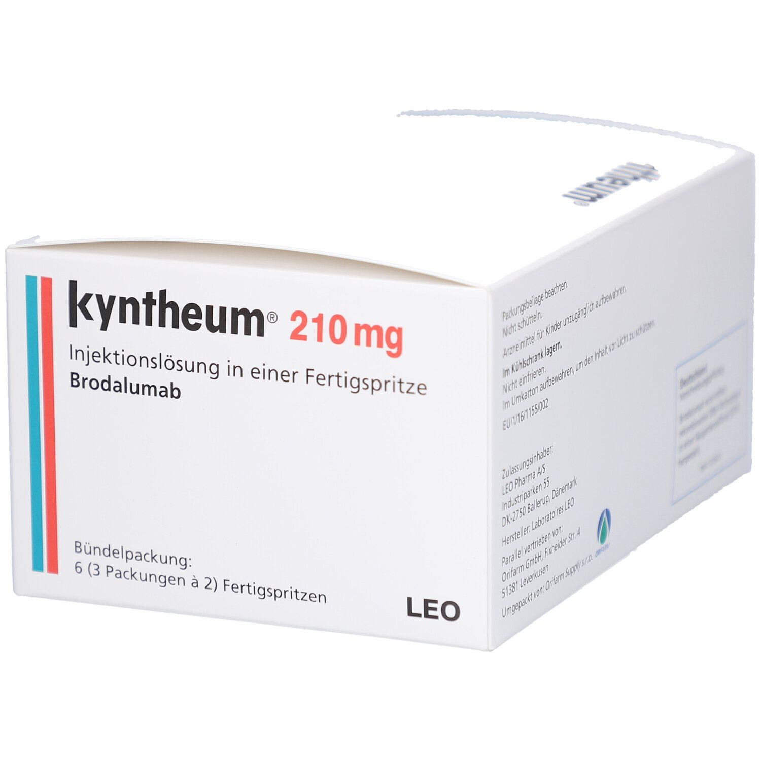 Weiße Kartonverpackung mit roter und blauer Linie. Beschriftung: Kyntheum 210 mg Injektionslösung. 6 Fertigspritzen.