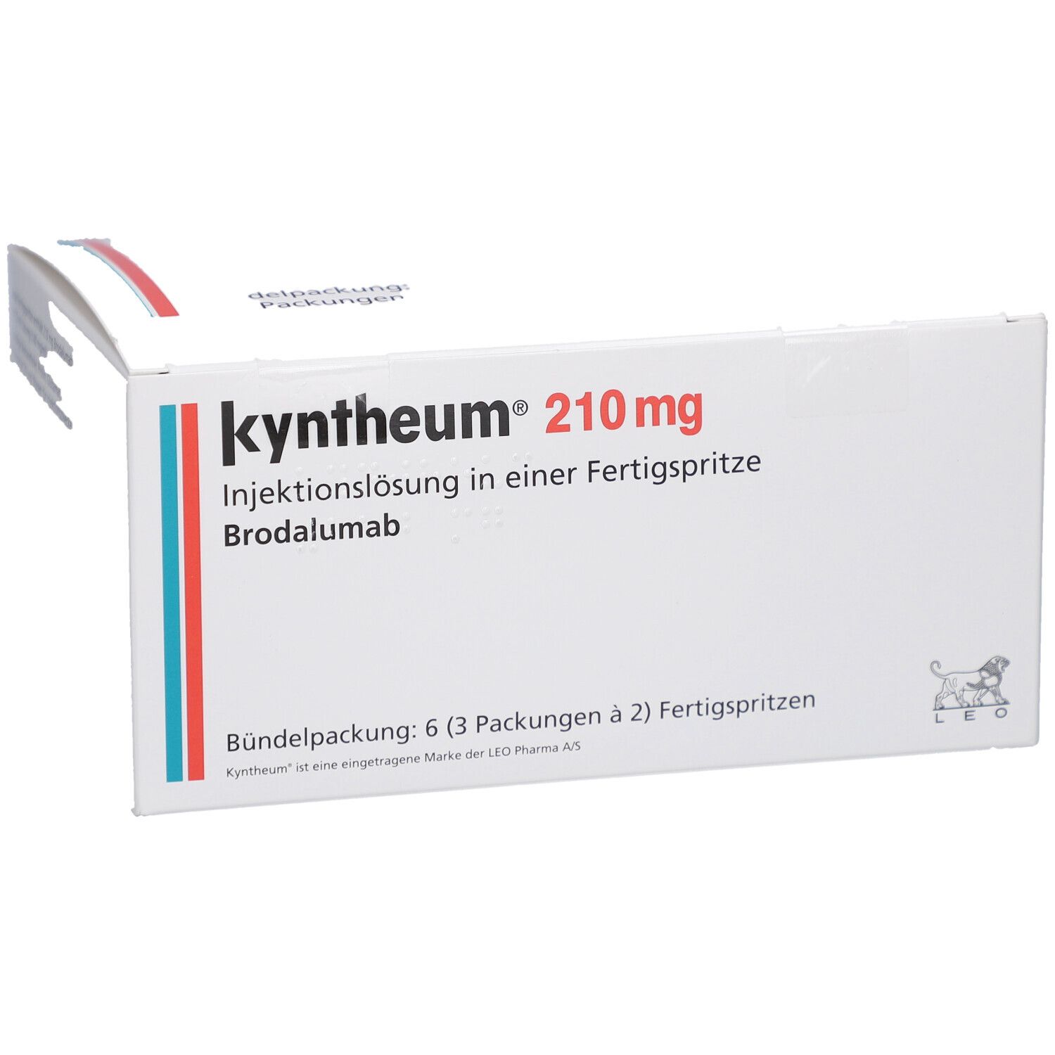 Weiße Kartonverpackung mit roter und blauer Linie. Beschriftung: Kyntheum 210 mg Injektionslösung. 6 Fertigspritzen.