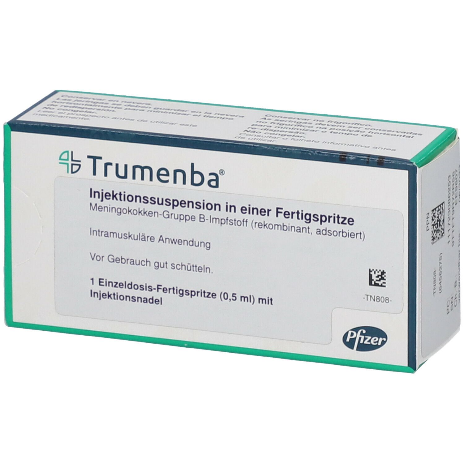 Karton mit Aufschrift 'Trumenba' und Produktinformationen. Enthält eine Fertigspritze mit Injektionsnadel.