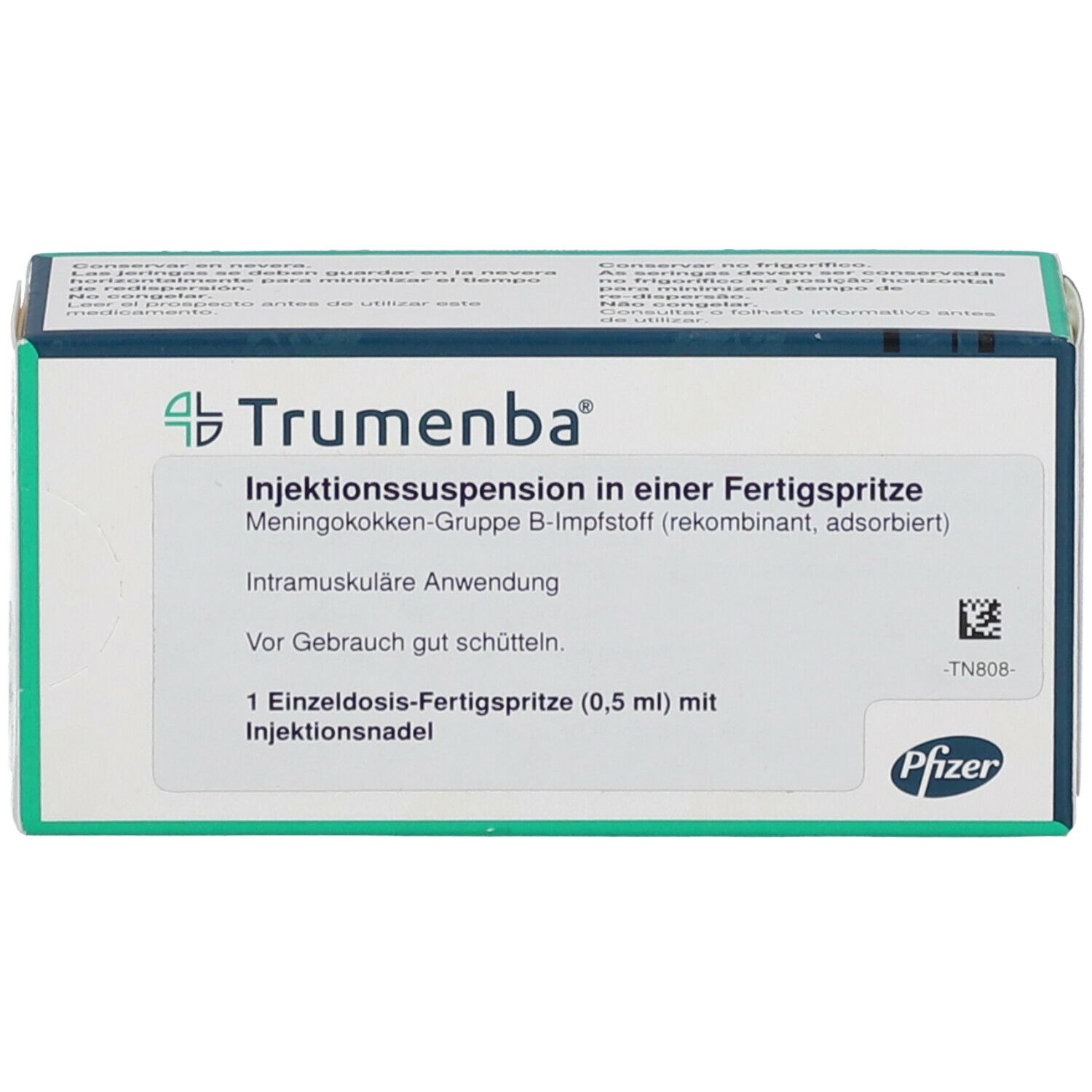 Karton mit 'Trumenba'-Logo und Produktinformationen. Enthält eine Fertigspritze mit Injektionsnadel.
