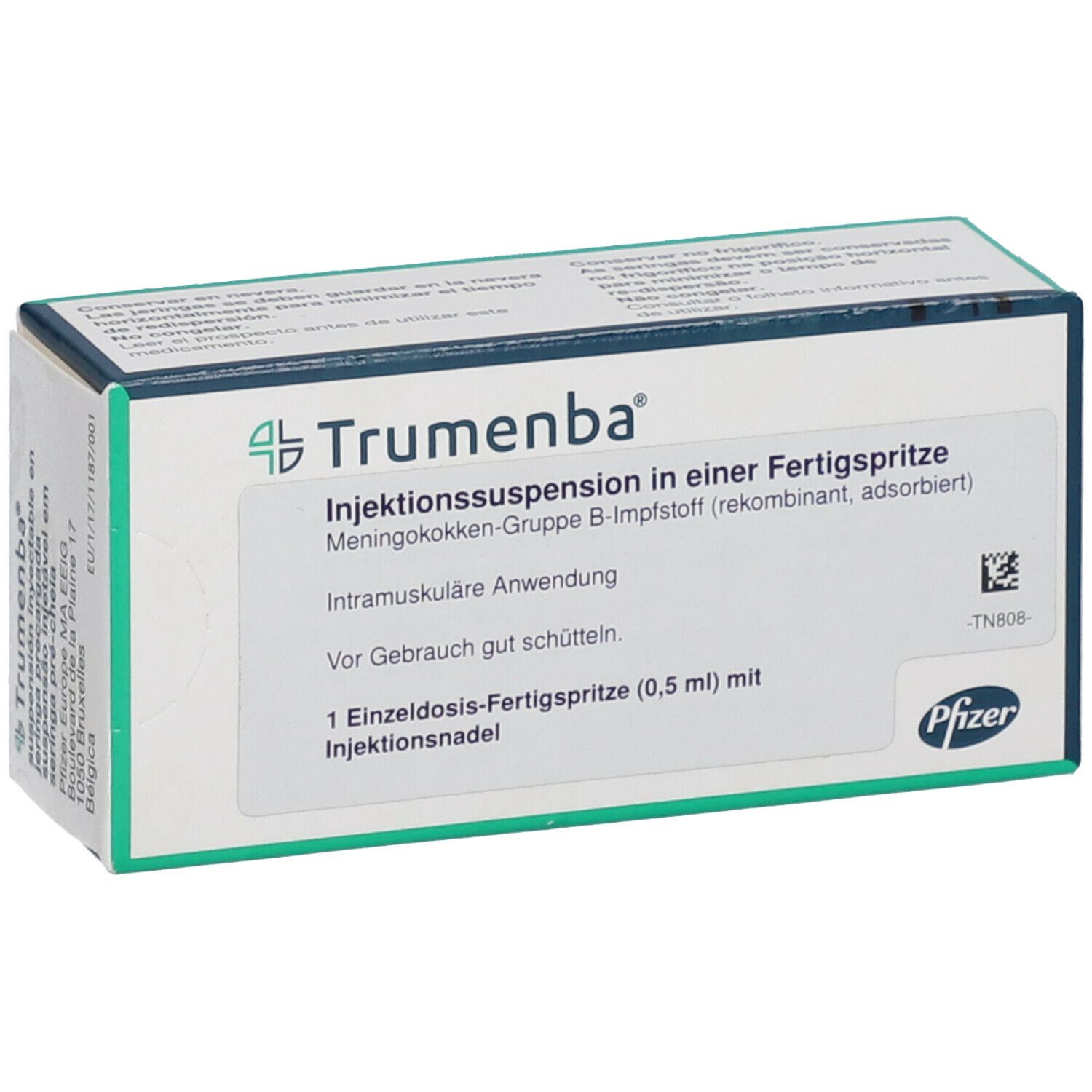 Karton mit 'Trumenba'-Logo und Produktinformationen. Enthält eine Fertigspritze mit Injektionsnadel.