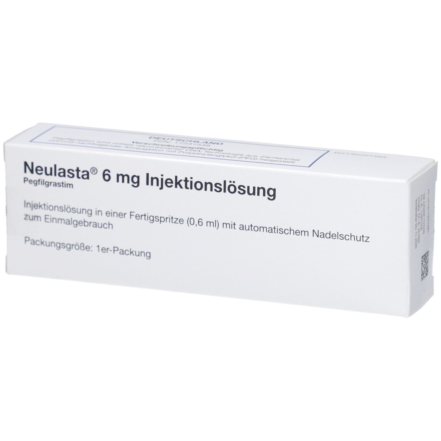 Weiße rechteckige Verpackung. Aufschrift: Neulasta 6 mg Injektionslösung. Fertigspritze mit Nadelschutz.